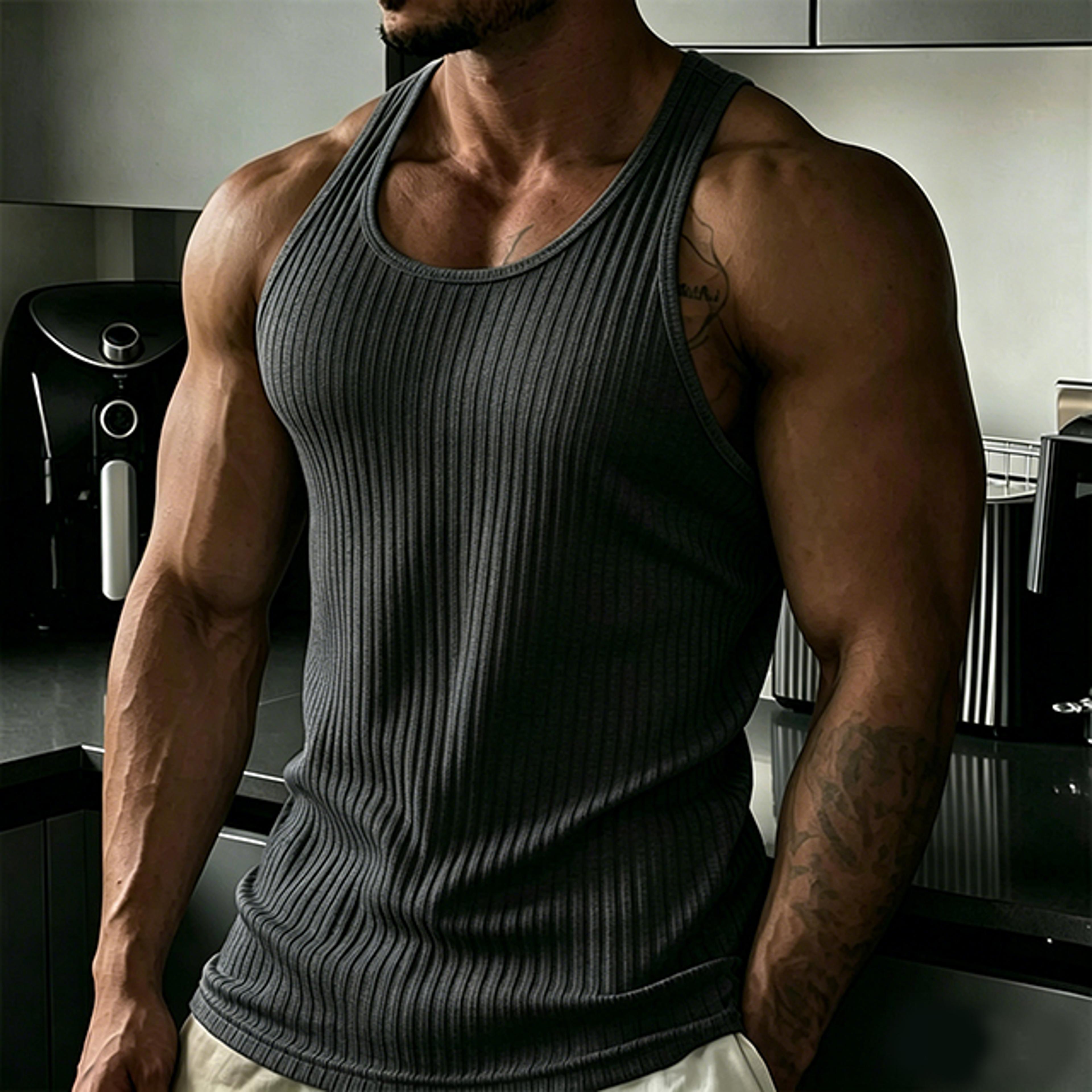 mens ribbed muscle tank top slim fit gym workout vest for training & running