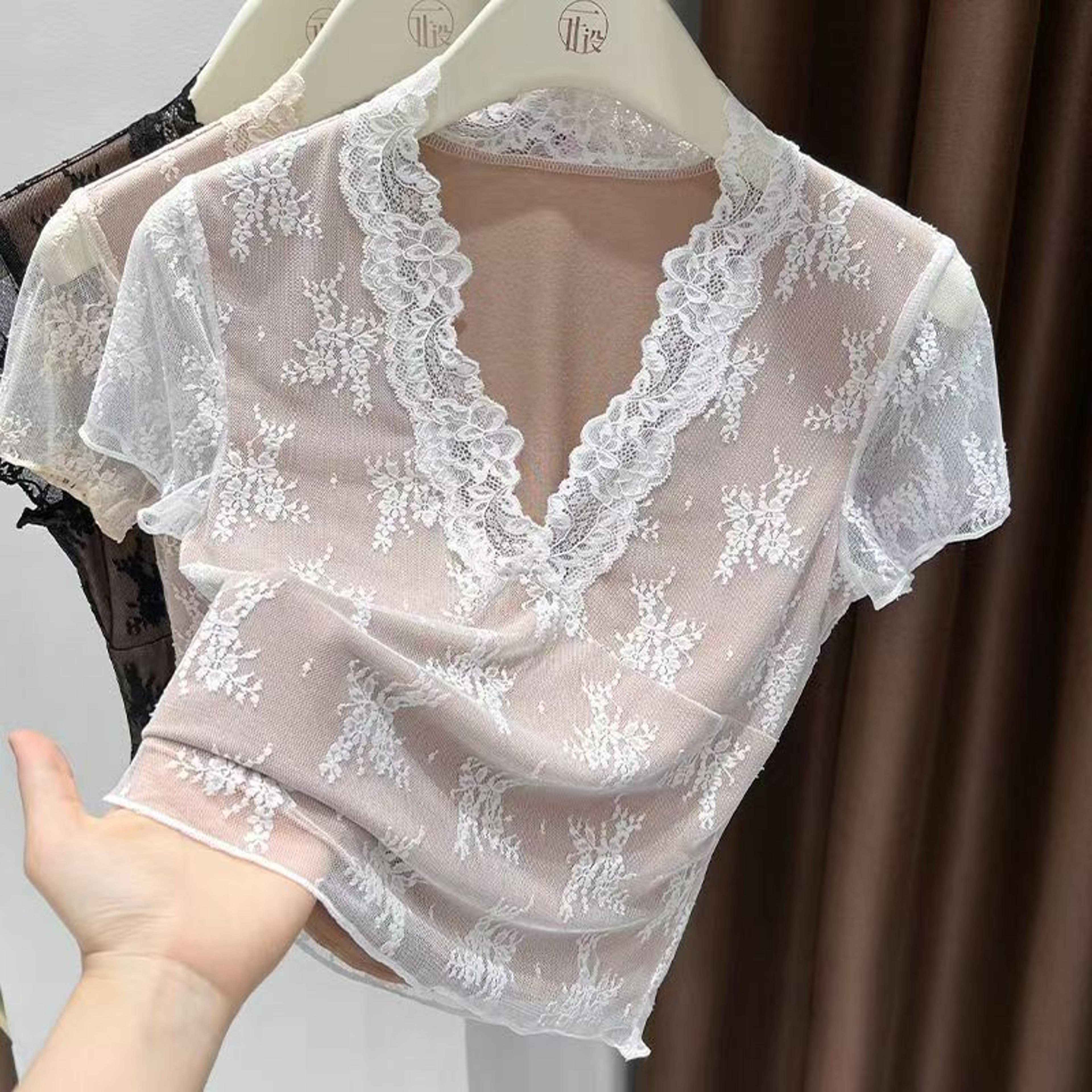vintage floral mesh t shirt for women slim fit summer streetwear top