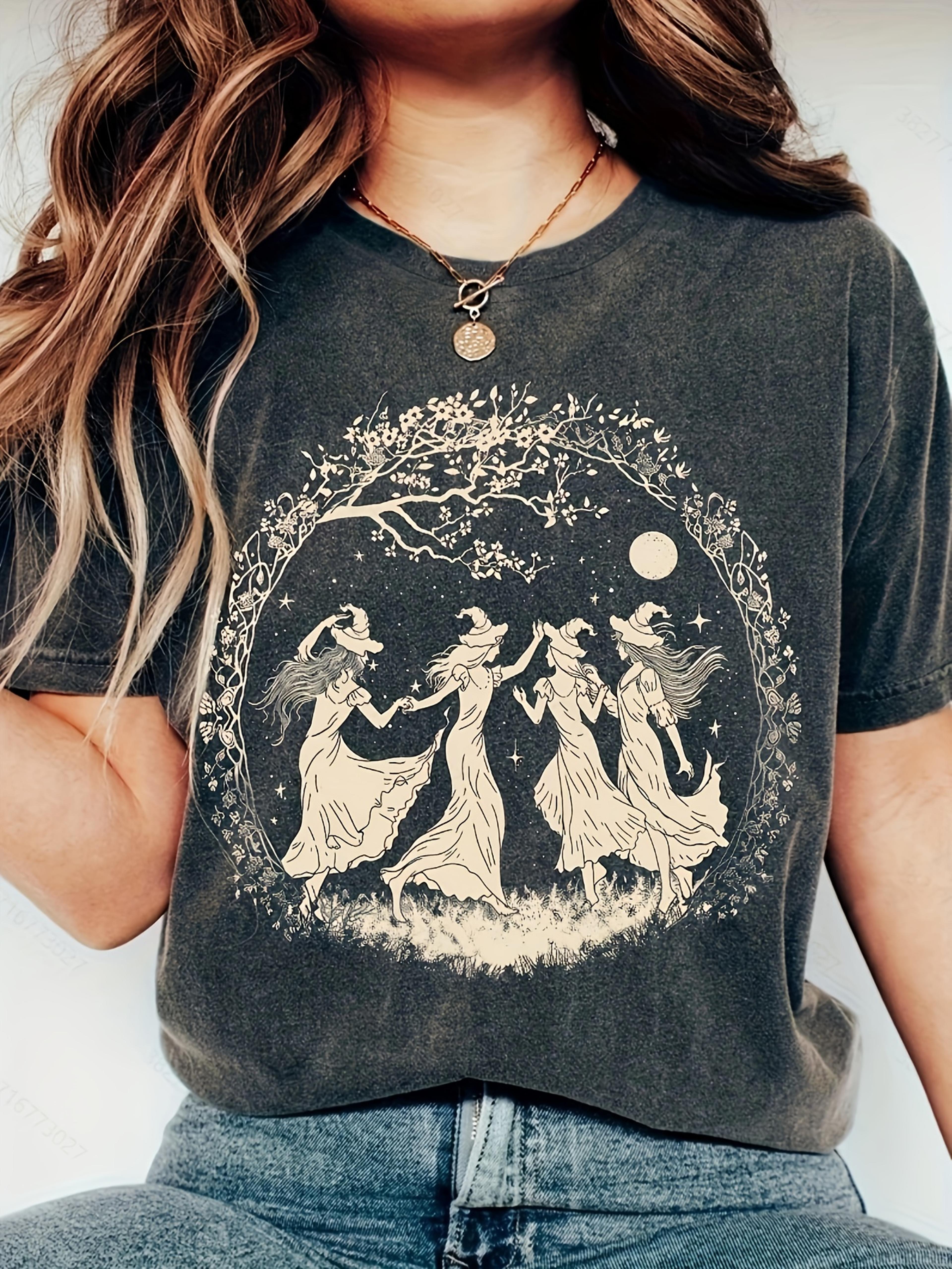 moonlit dancing witches graphic tee for women witchy boho shirt casual vintage top