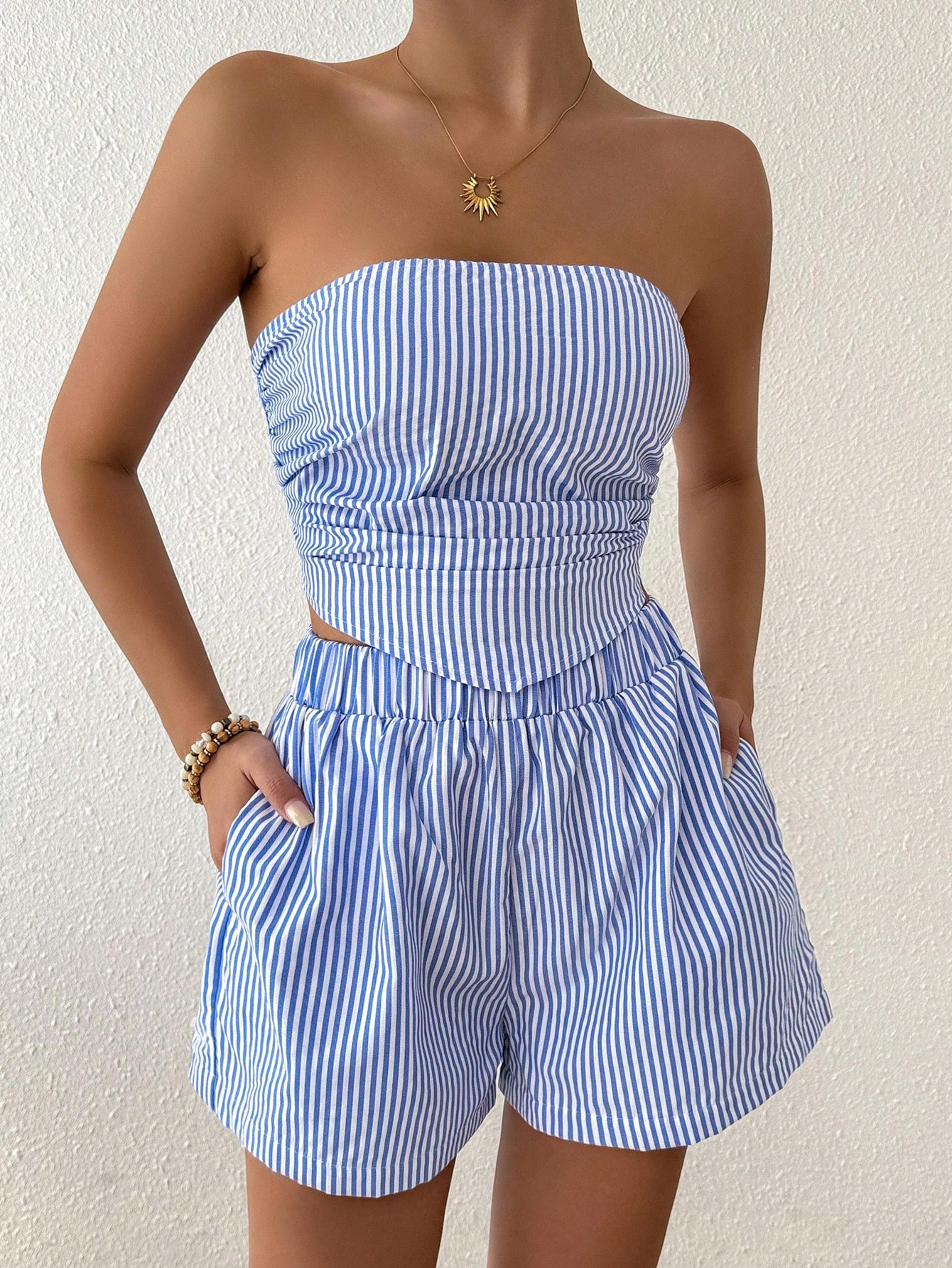 coastal chic striped set with ruffle crop top & wide leg pants
