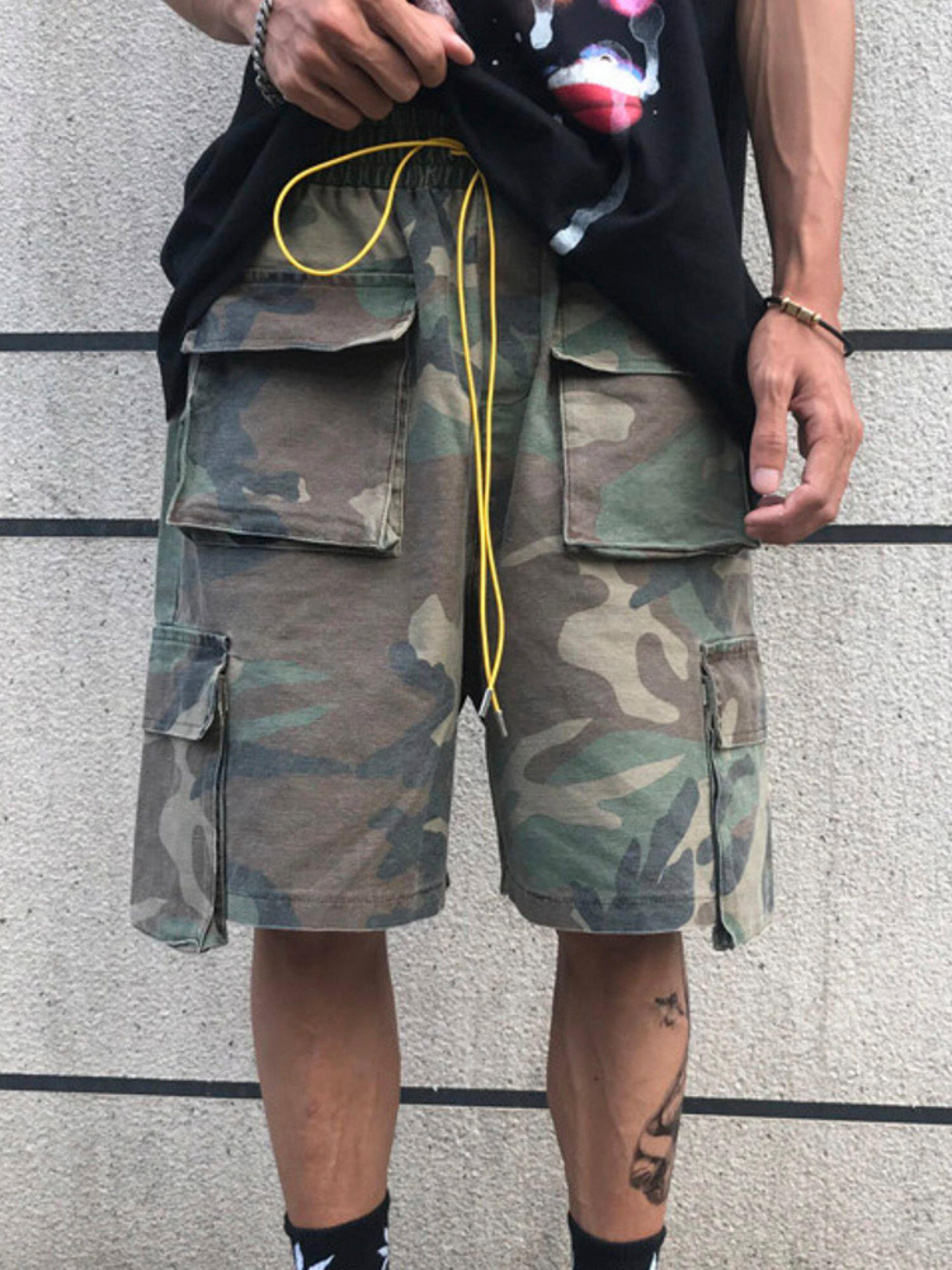 retro camouflage mens cargo shorts with drawstring multi pockets for outdoor work & streetwears