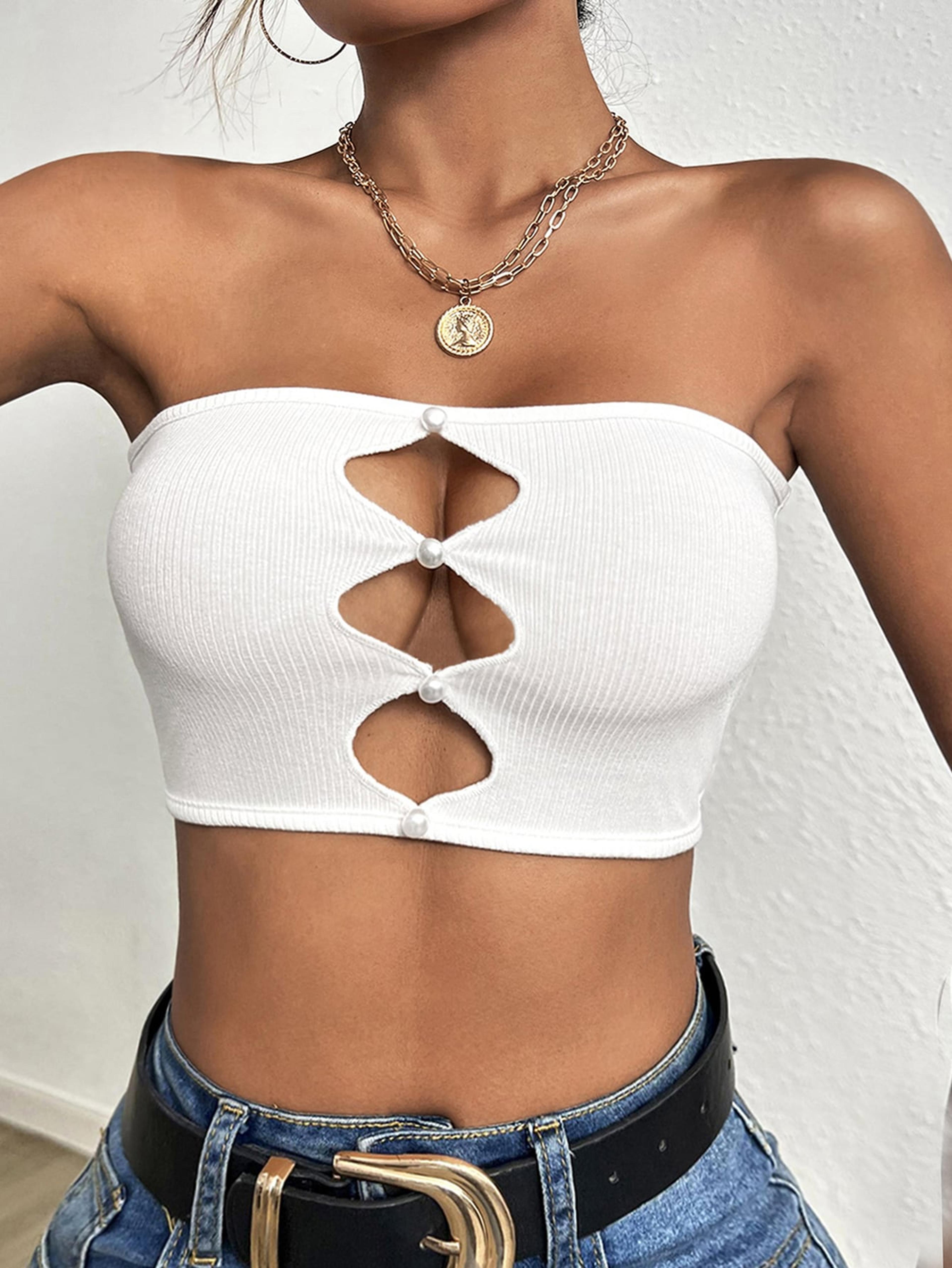elegant strapless tube top ribbed knit pearl cutout bandeau crop top for women