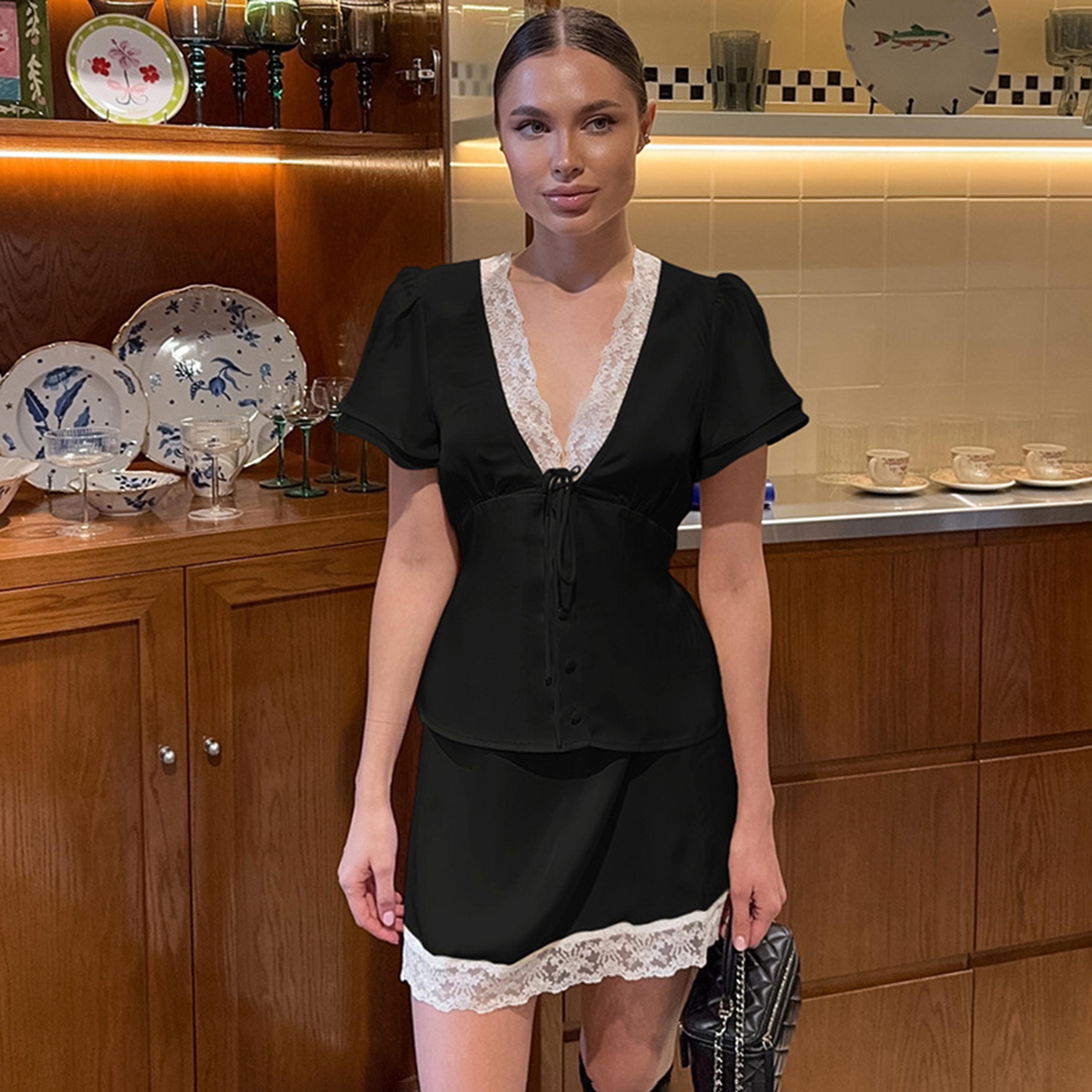 summer vacation lace skirt set for women v neck casual party outfit