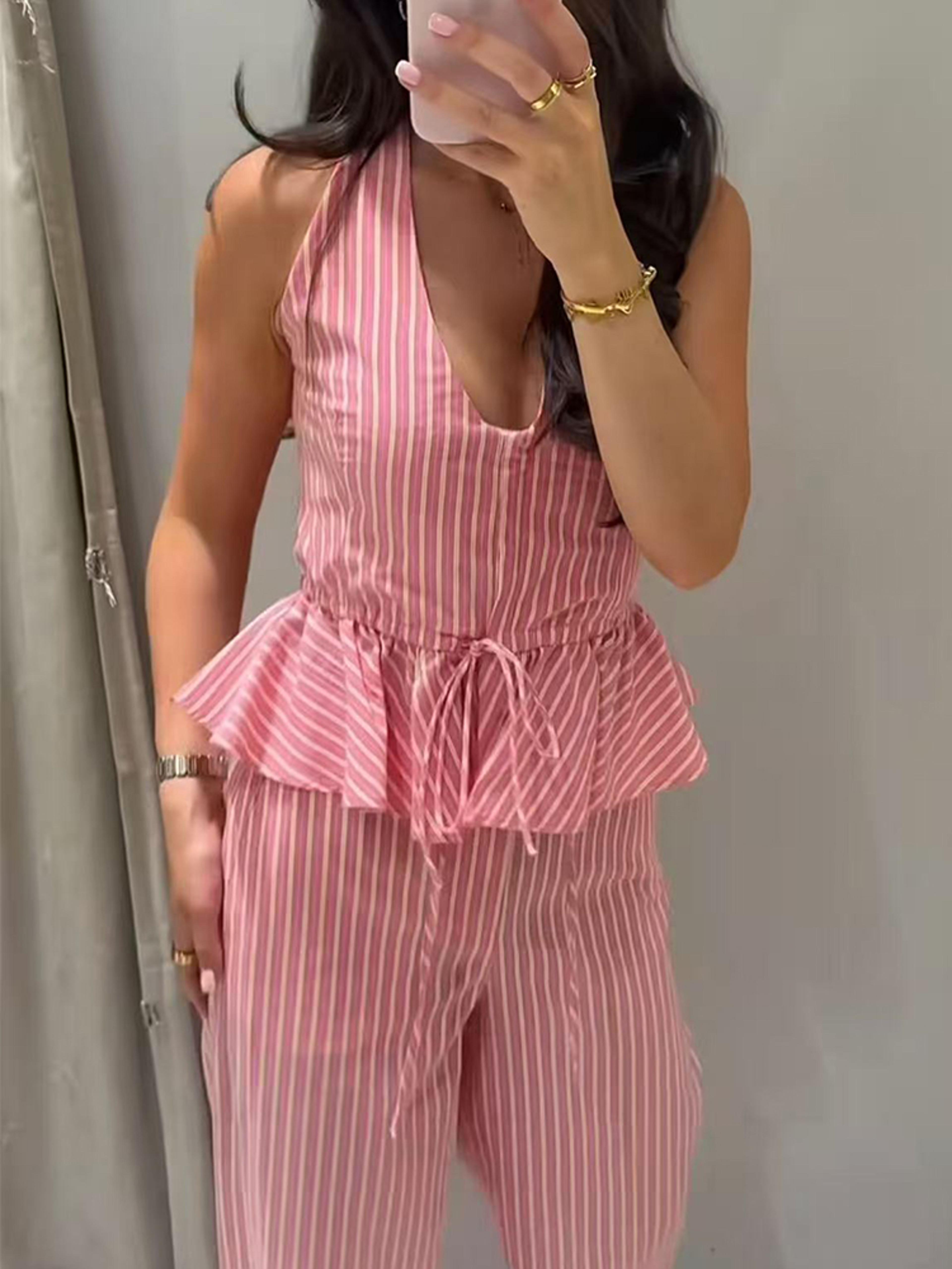 womens striped pants set with backless halter top high waisted summer outfits