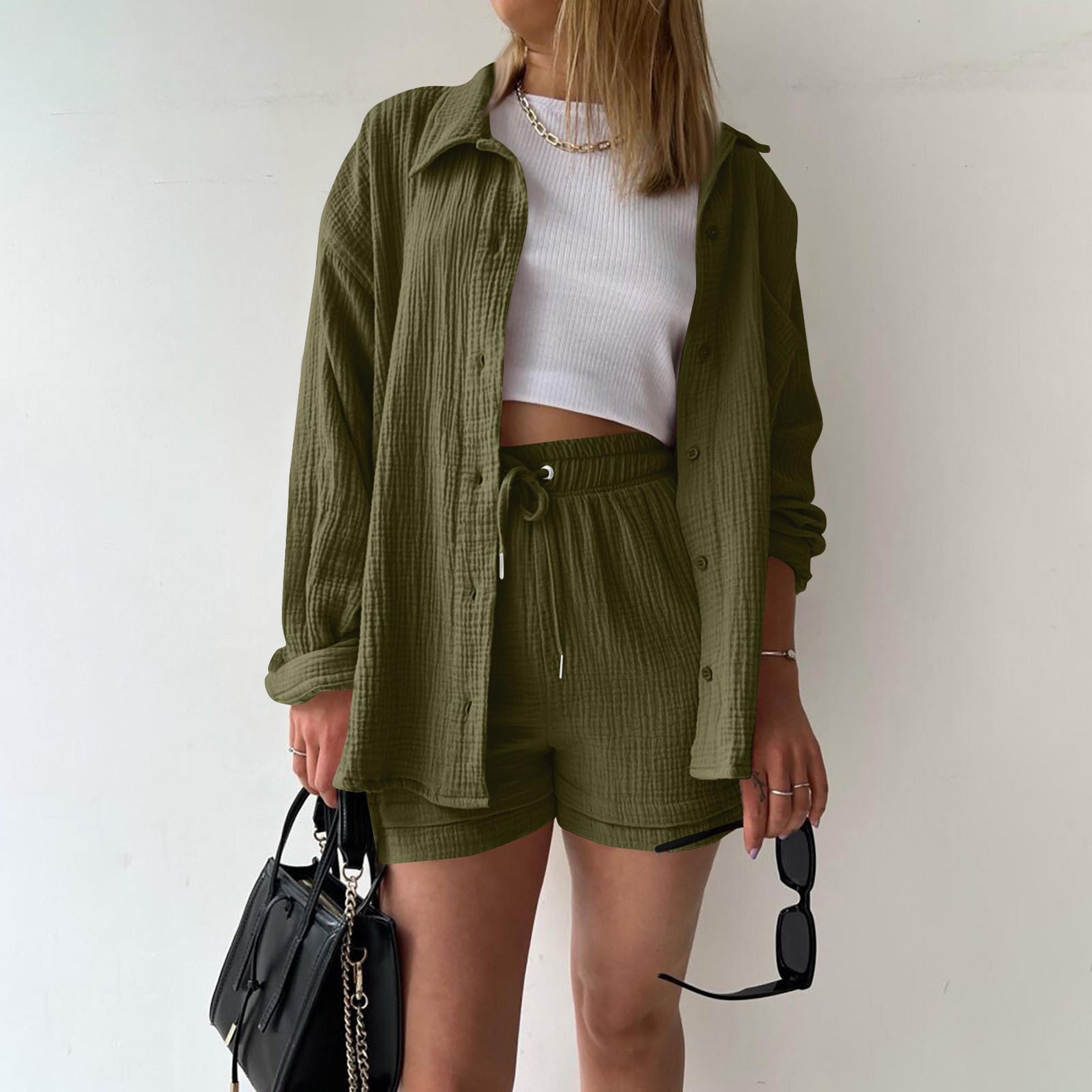 womens cotton linen summer outfit casual shirt & high waist shorts set