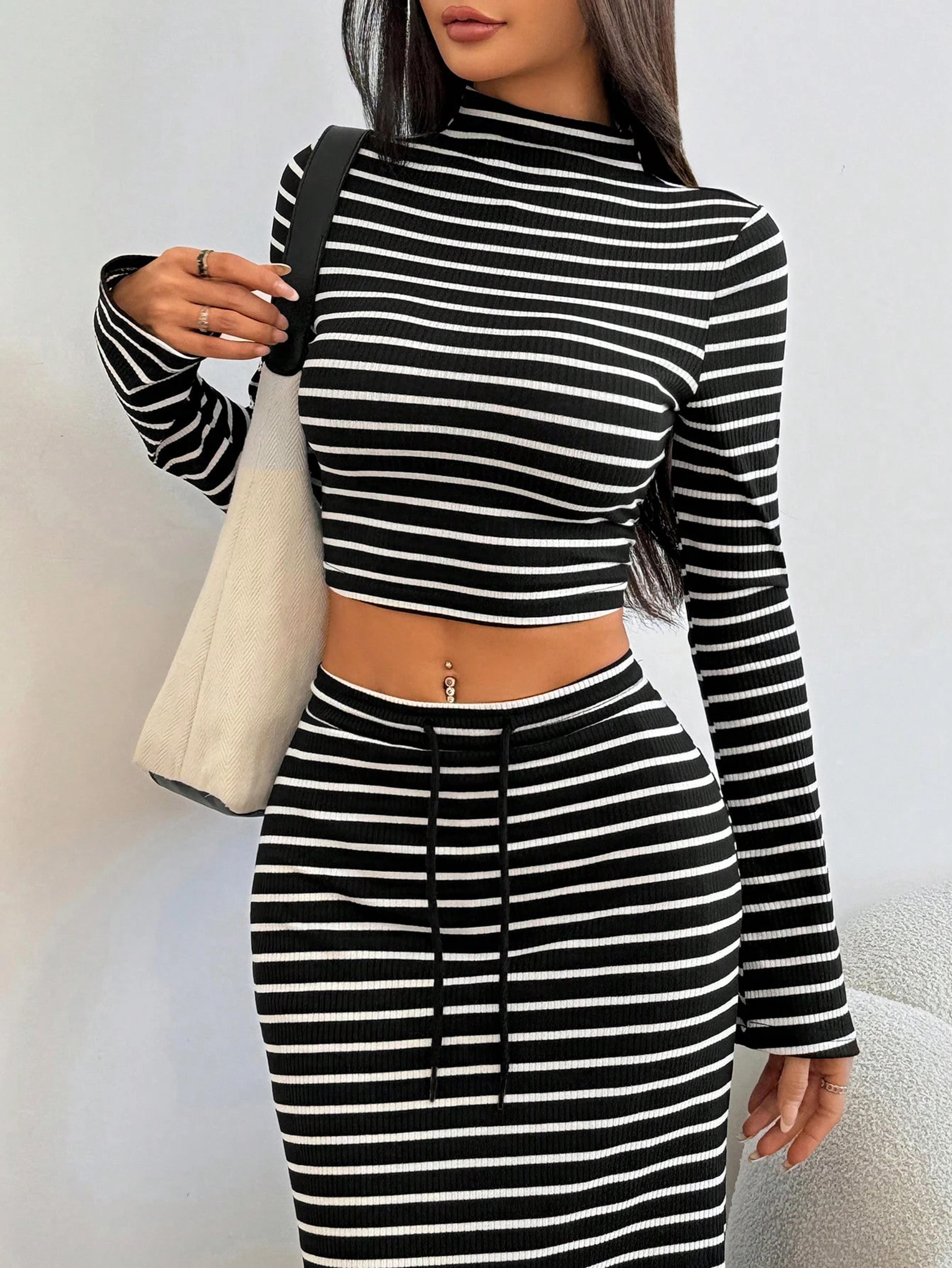 womens striped skirt set collared crop top and drawstring maxi outfit