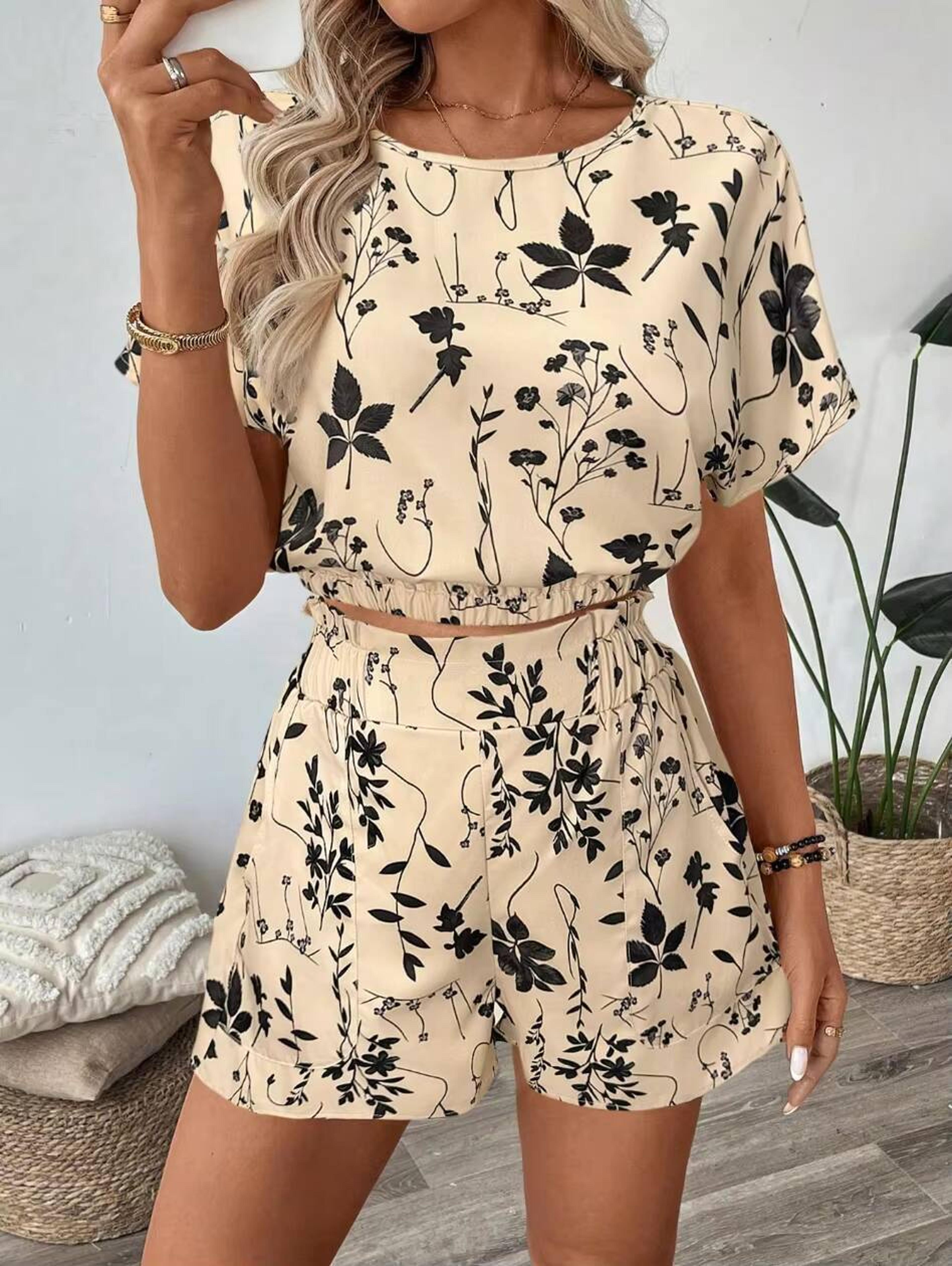 women's summer lounge set crop top & high waist shorts casual vacation outfit