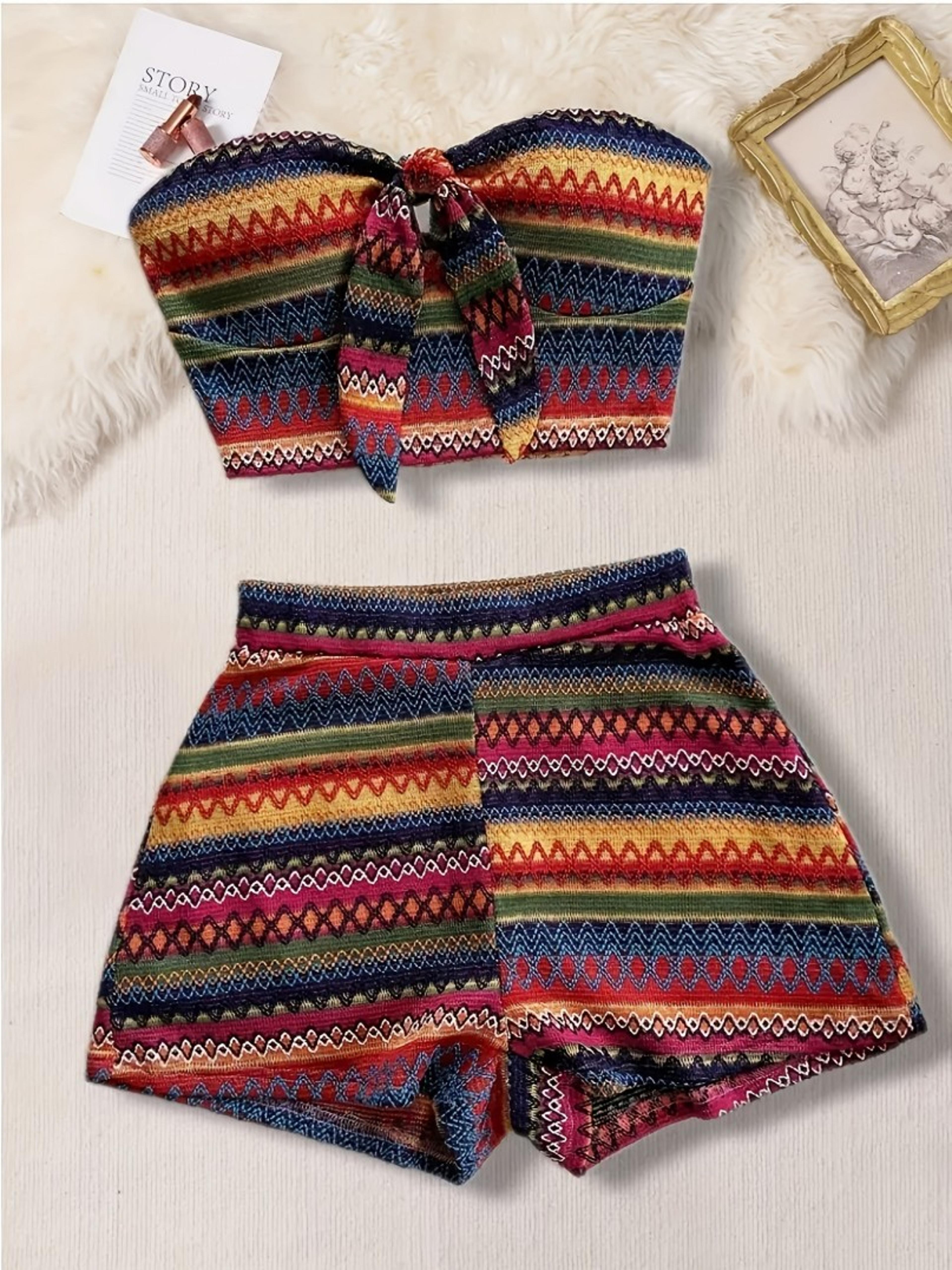 aztec beach set for women with knotted bandeau top & high waisted shorts