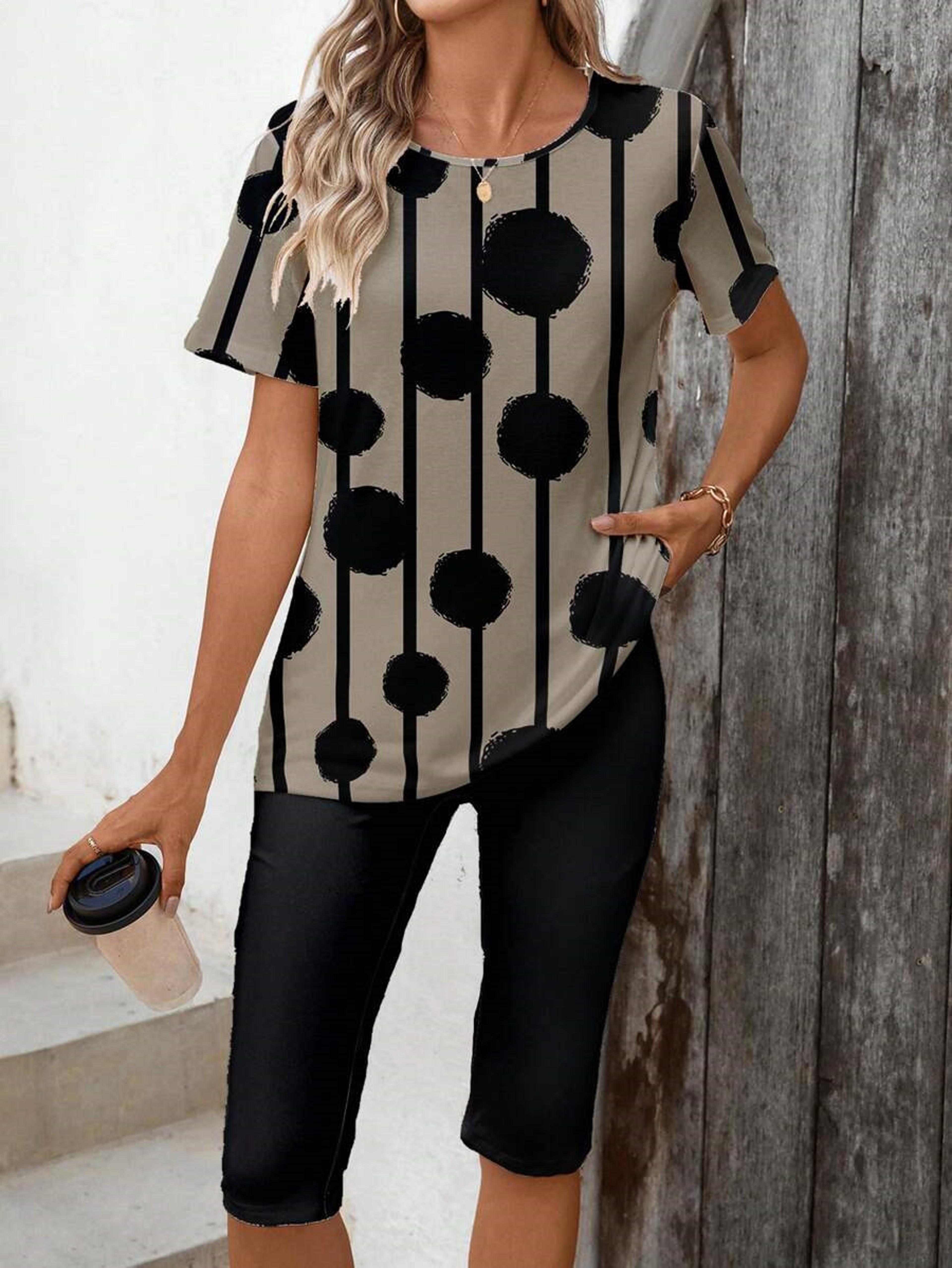 women's polka dot set casual summer matching outfit with short sleeve top and pants