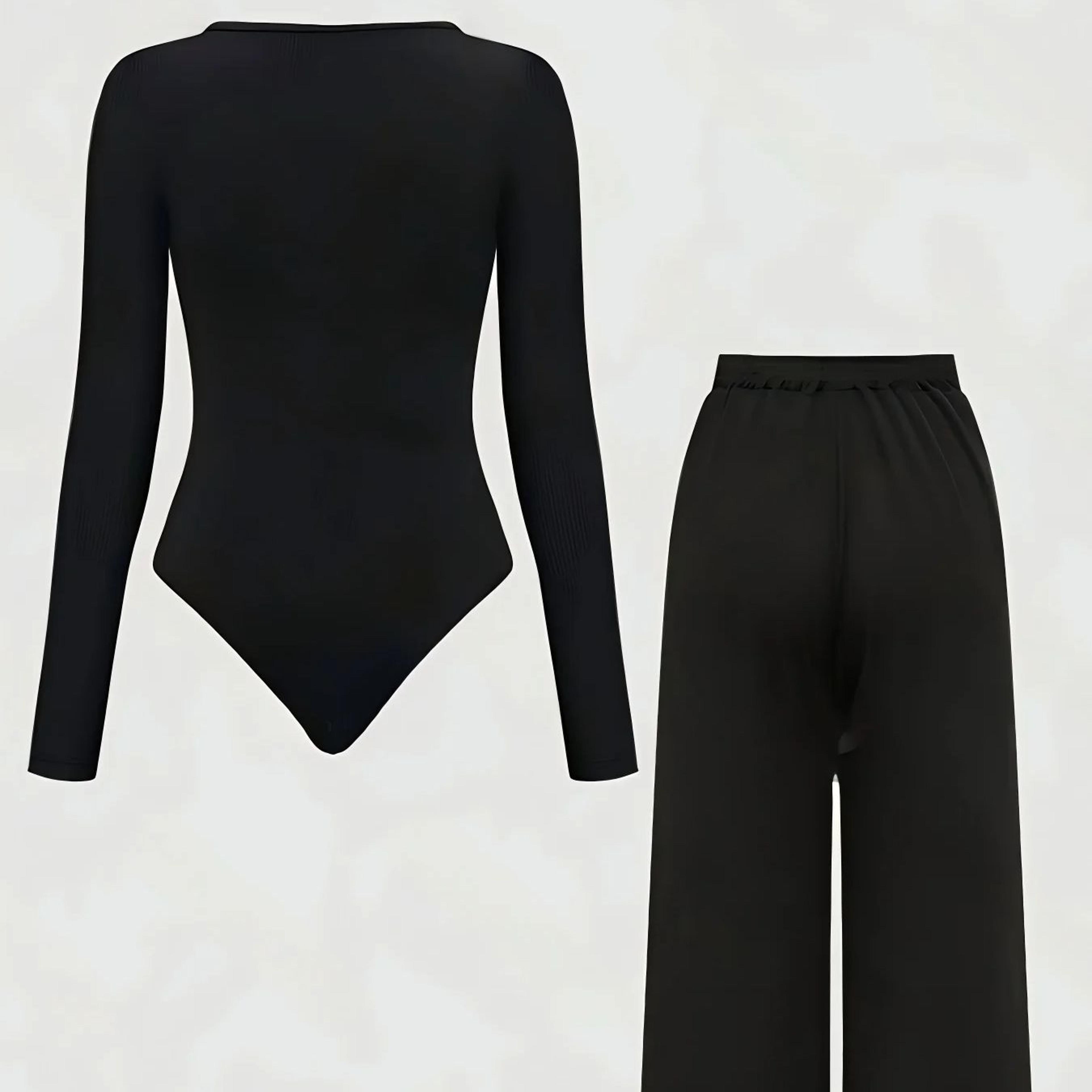 plus size lounge set for women with ribbed bodysuit & wide leg pants