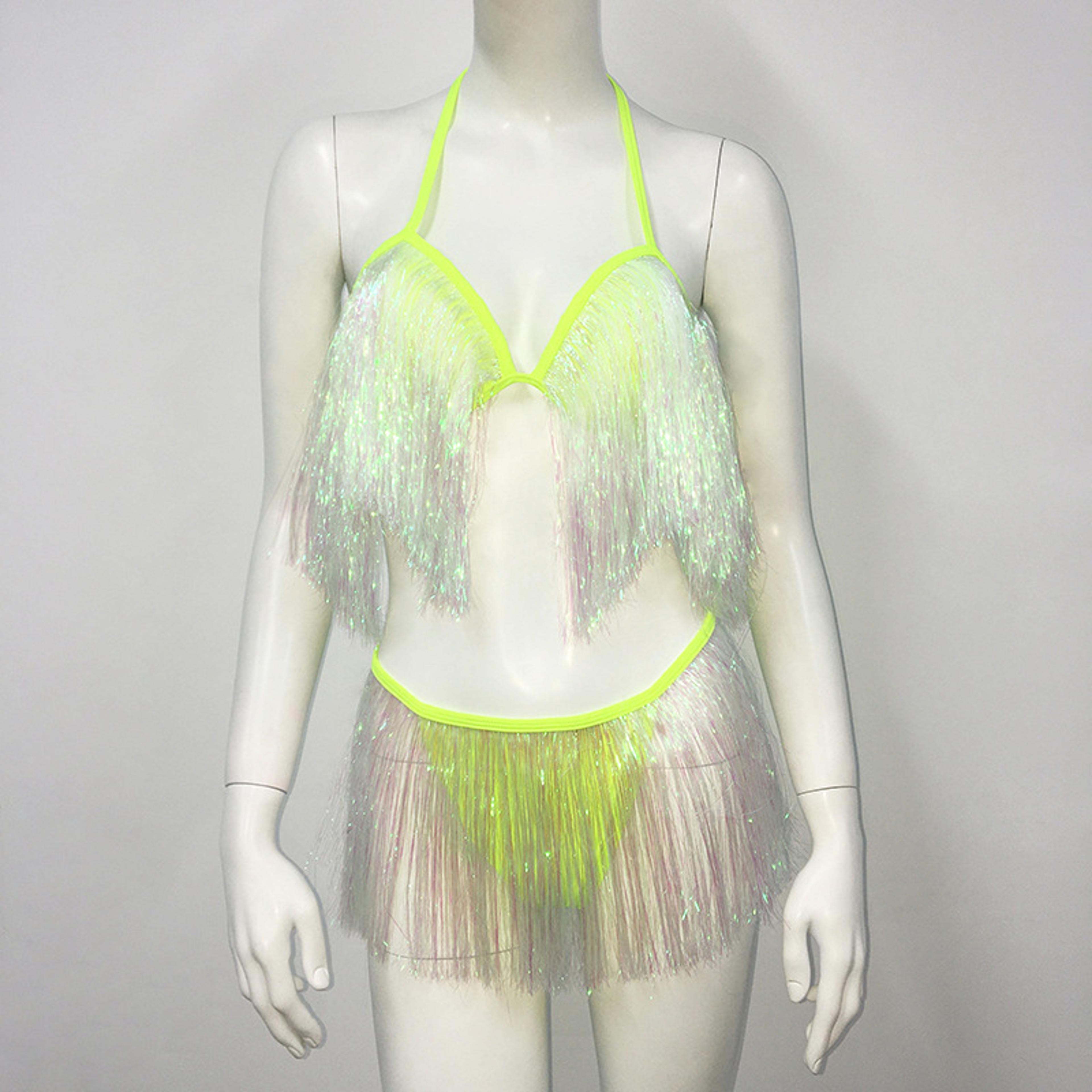 festival outfit for women fringe set with tassel crop top & mini skirt