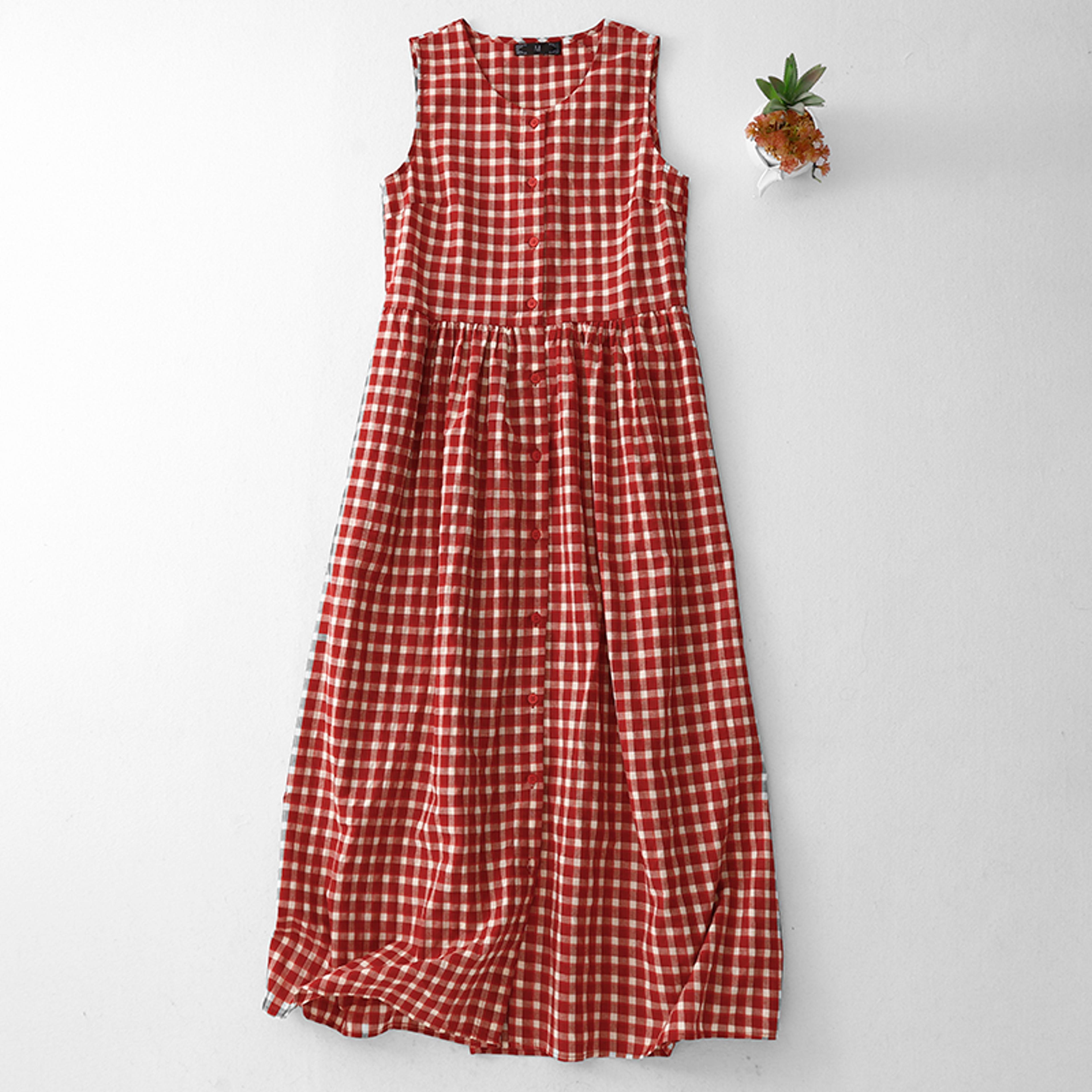 retro gingham dress sleeveless high waist cotton shirt dress for women