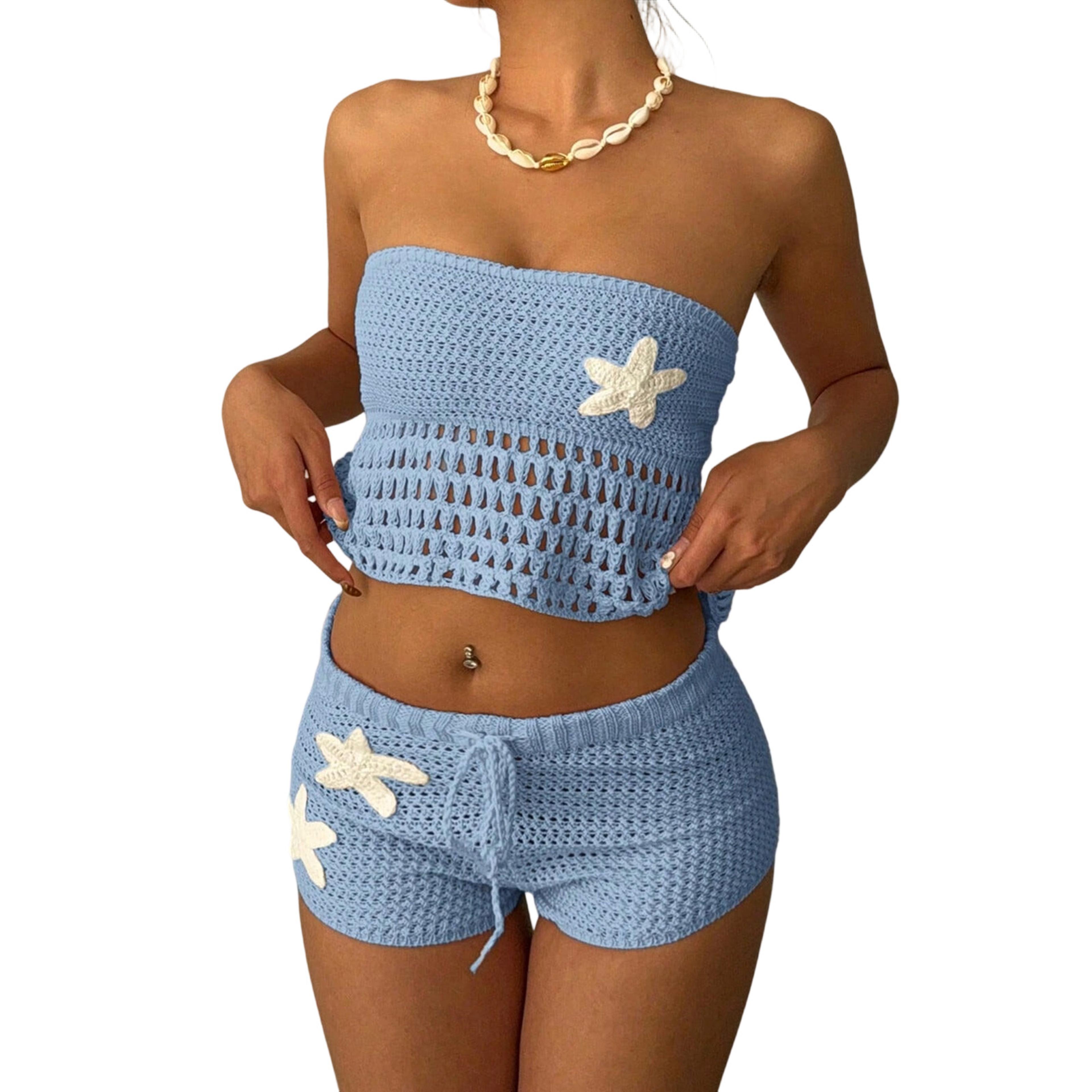 crochet outfit starfish strapless tube top set with low rise drawstring mini short