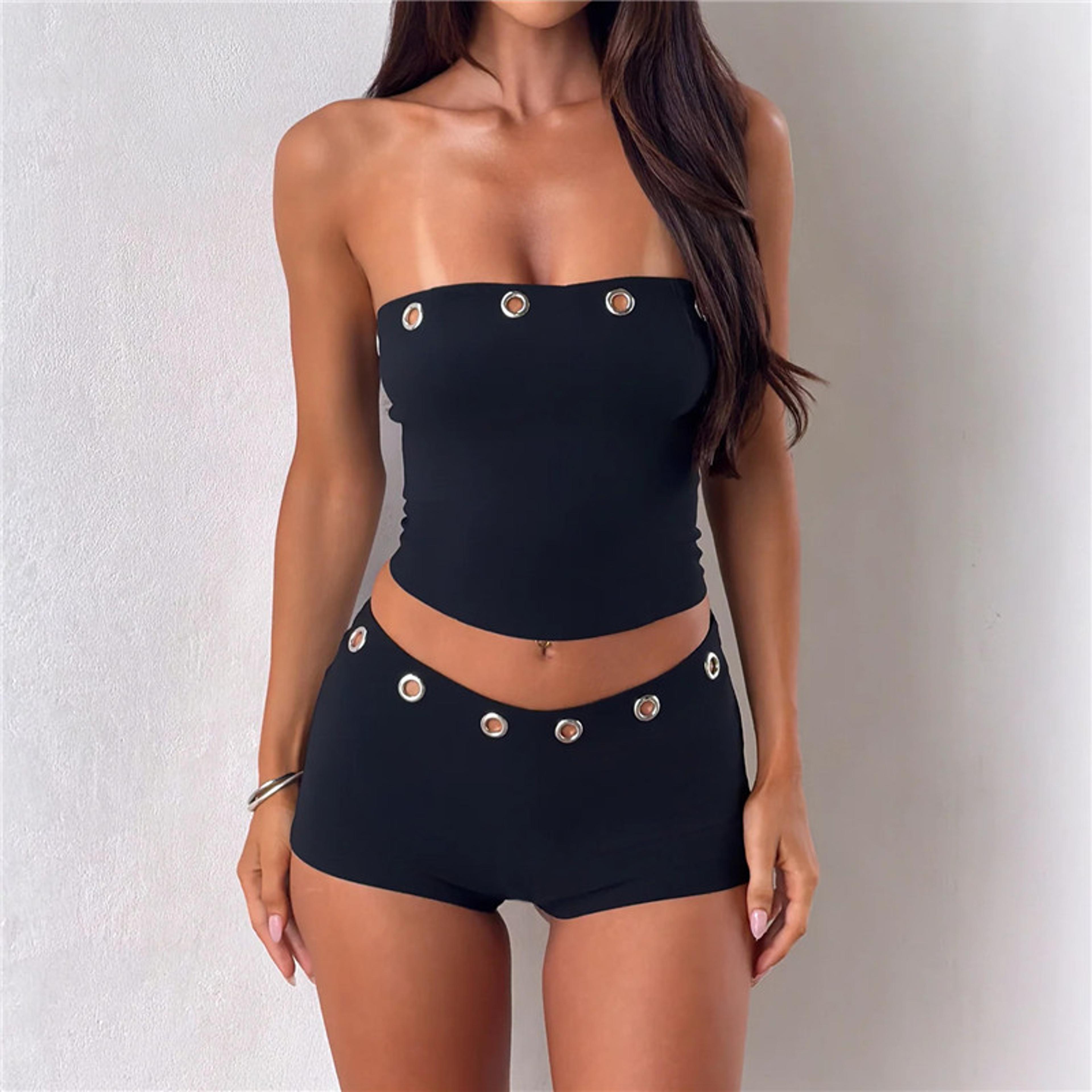 outfit for women strapless tube top and high waisted shorts set