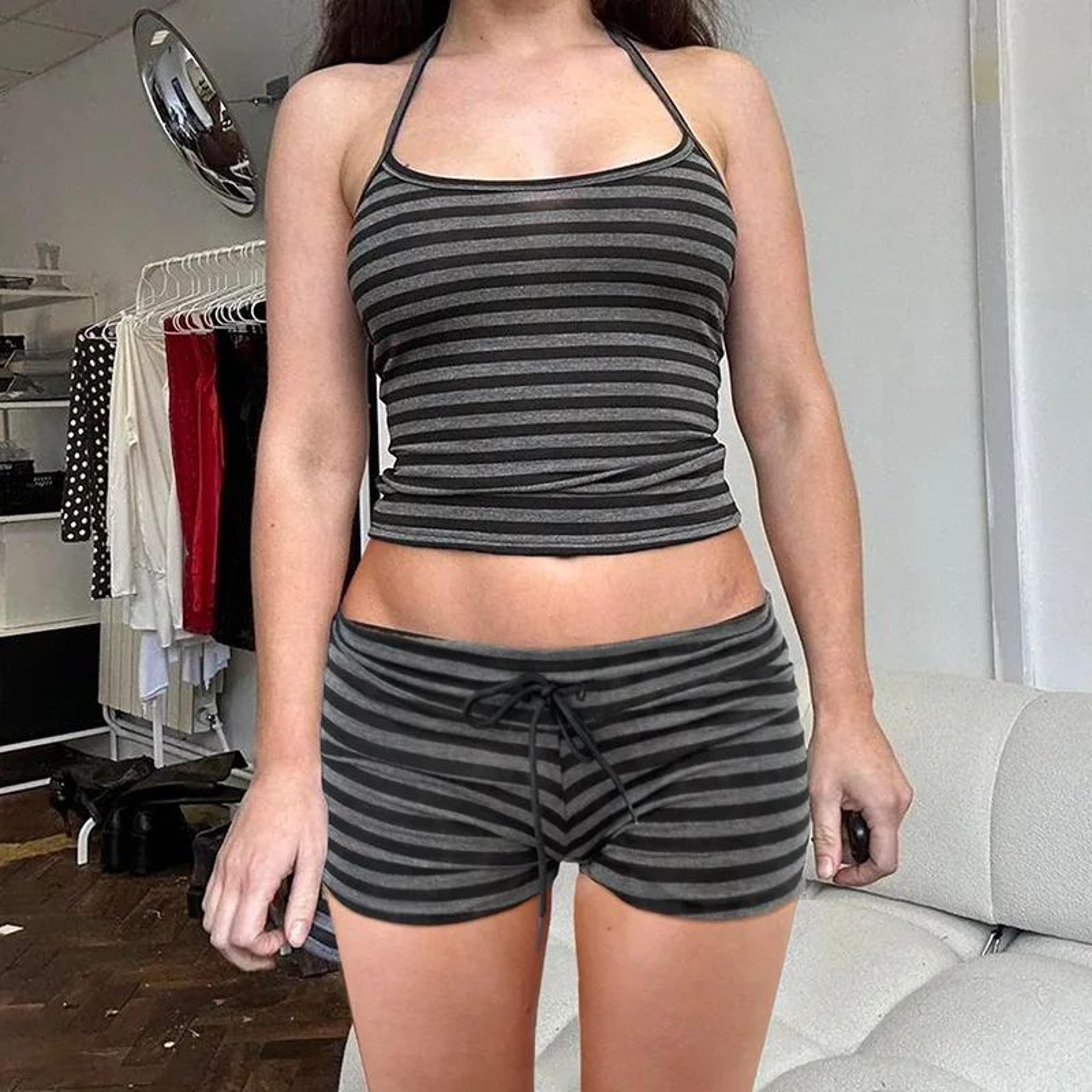 women's striped halter short set cozy summer lounge outfit with drawstring shorts