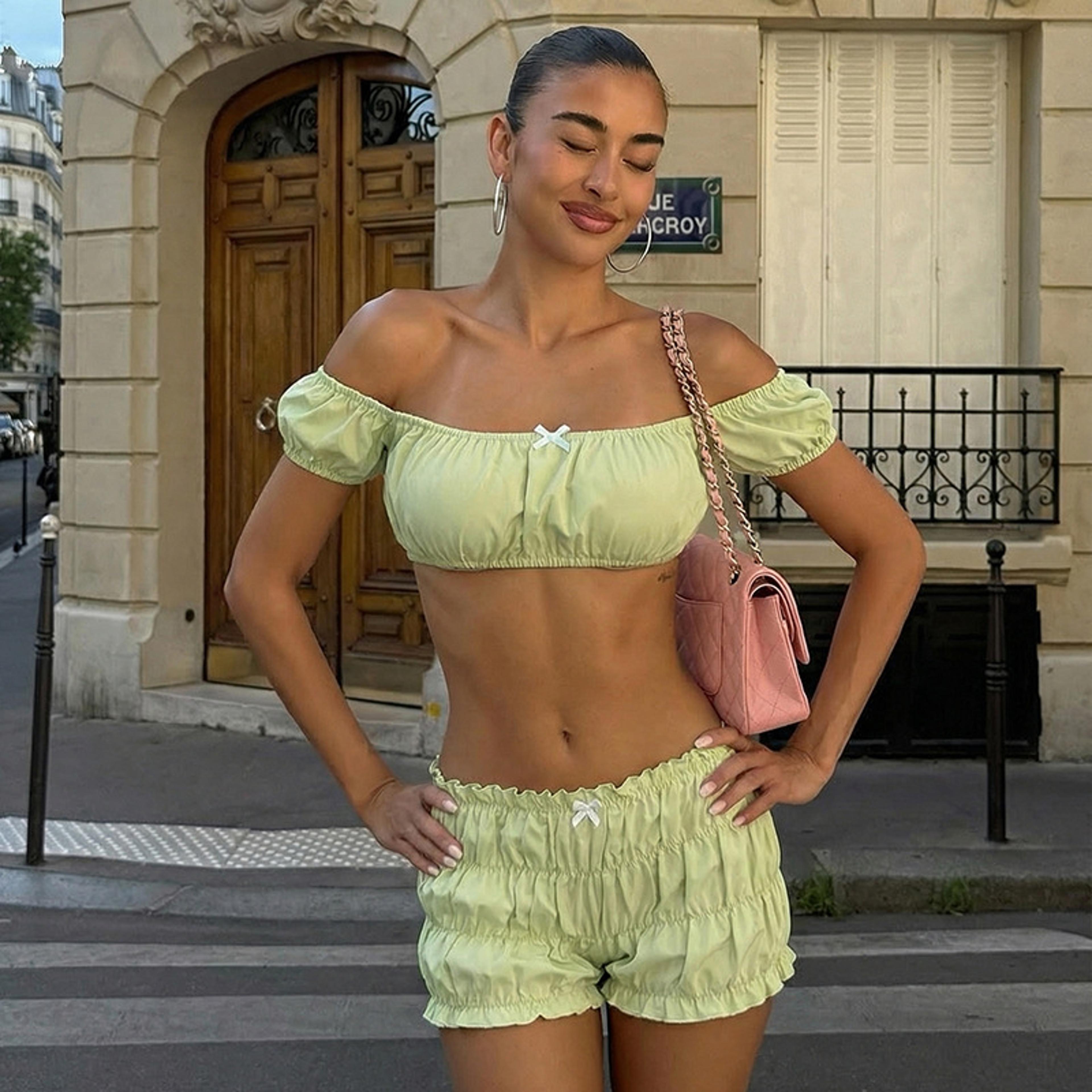 off shoulder set for women strapless summer top & low waist shorts