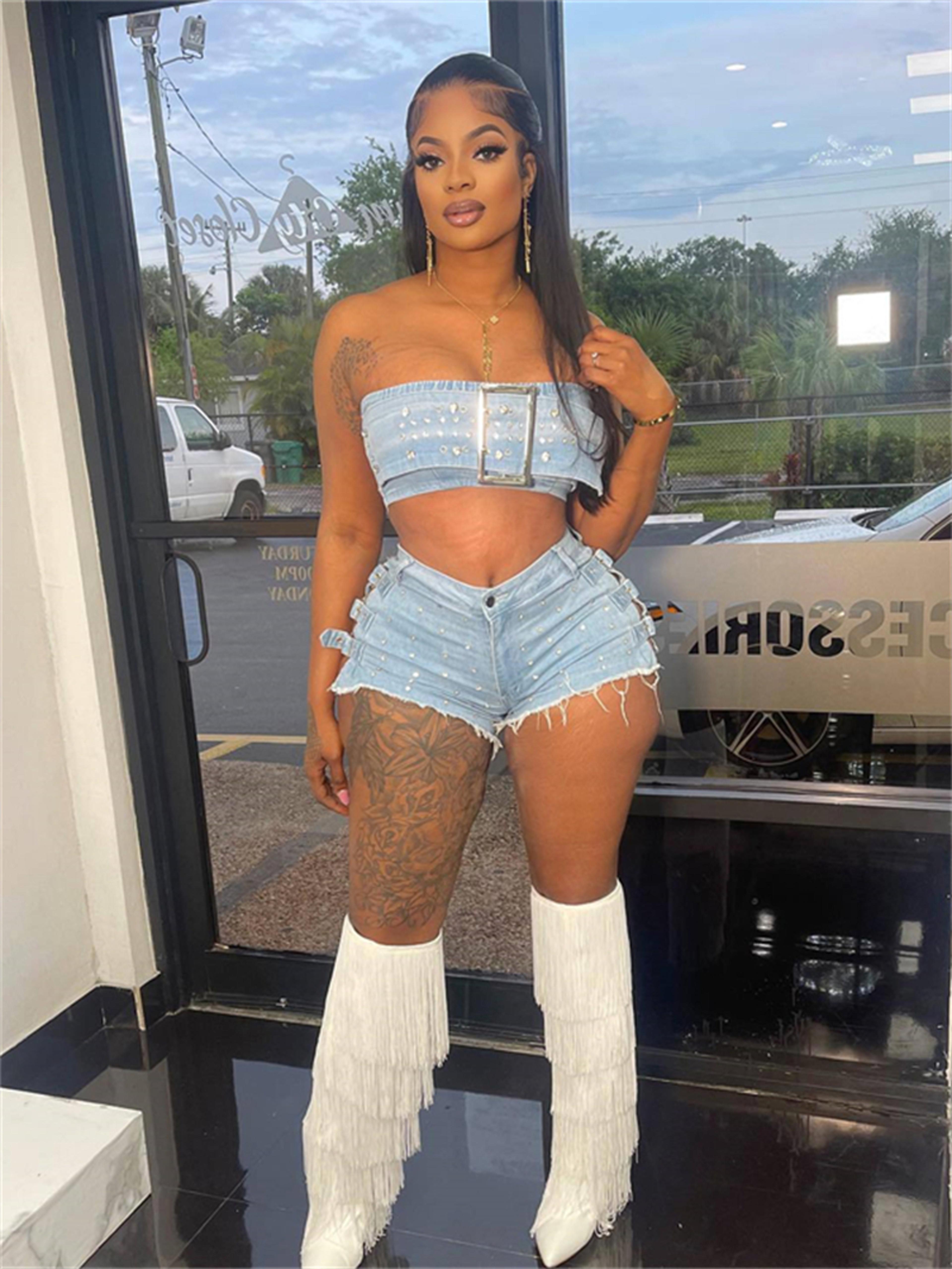 summer chic denim set strapless vest top and shorts outfit for women