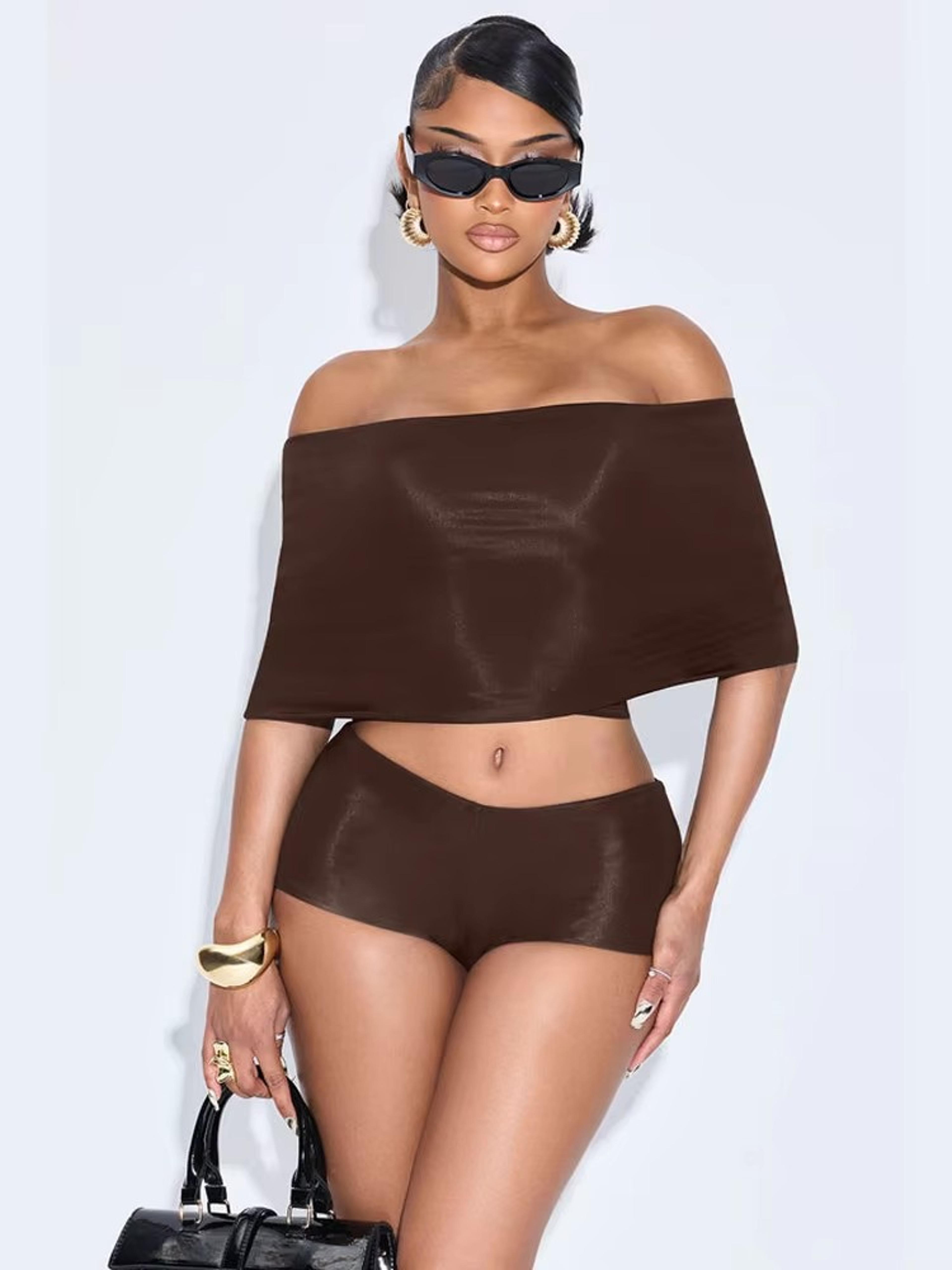 women's set off shoulder crop top and shorts streetwear outfit
