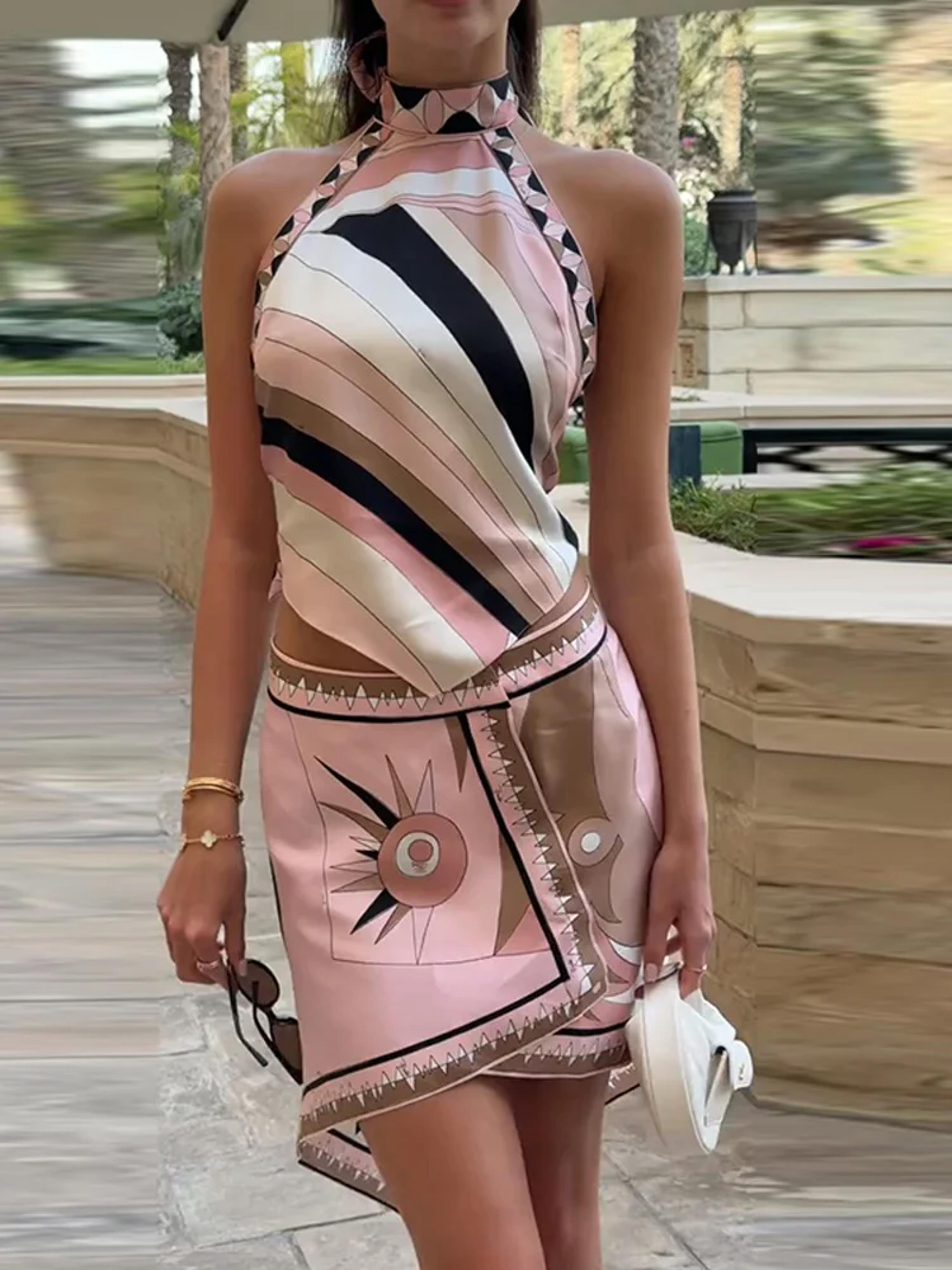 elegant satin set for women halter backless top & printed mini skirt vacation outfit