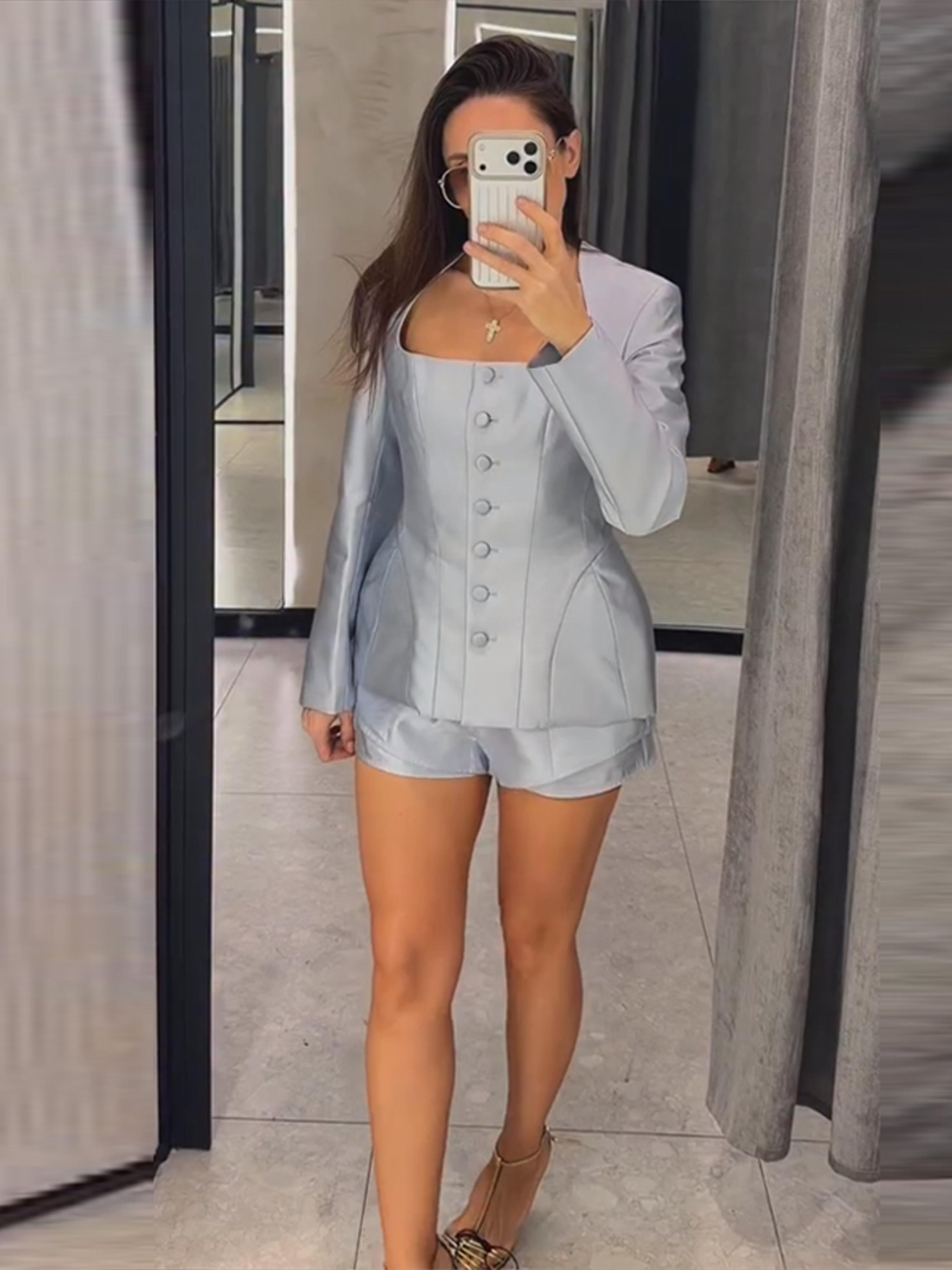 women's chic blazer & high waist shorts set elegant square neck outfit