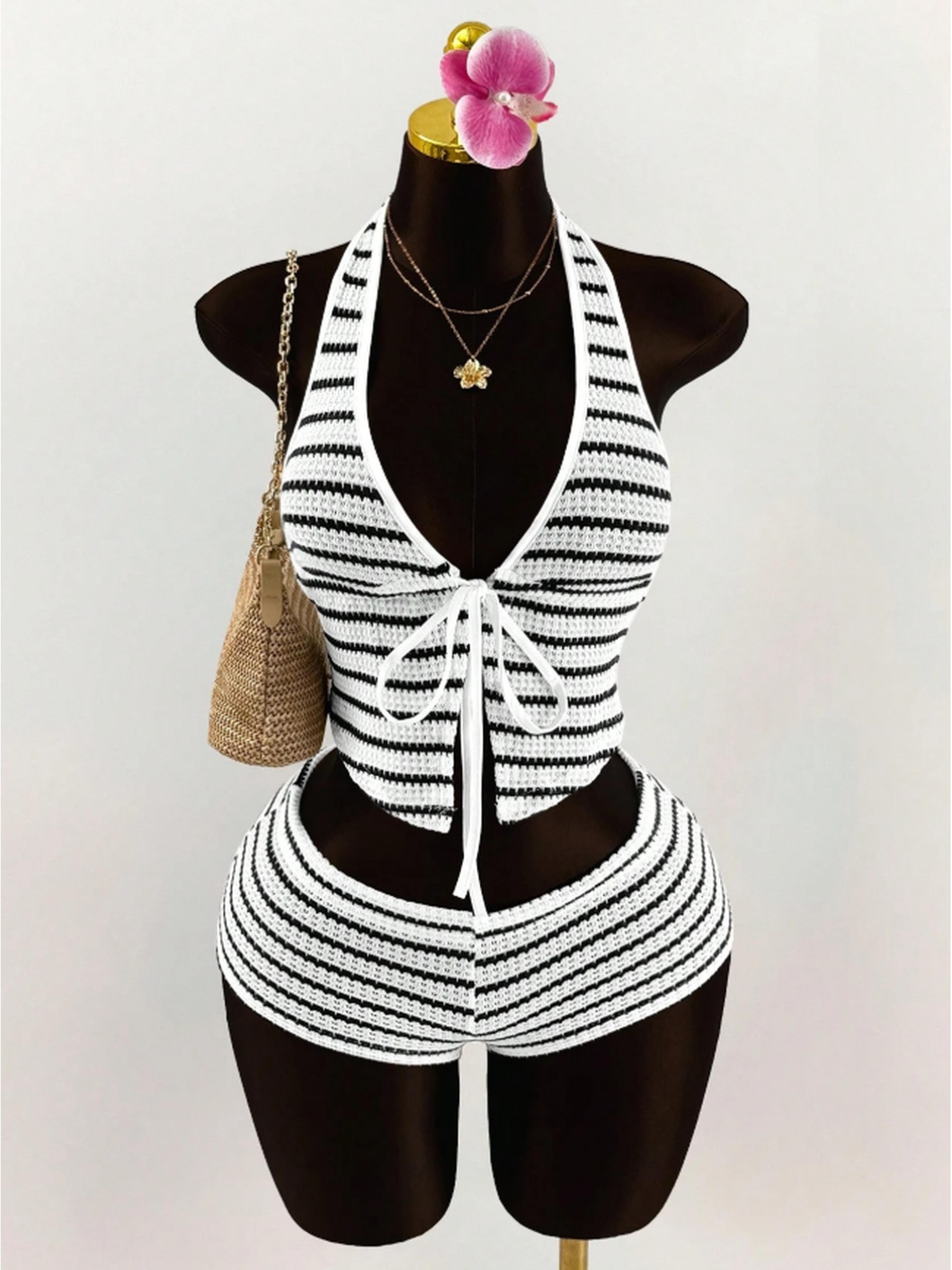 summer color block halter top and shorts set for women