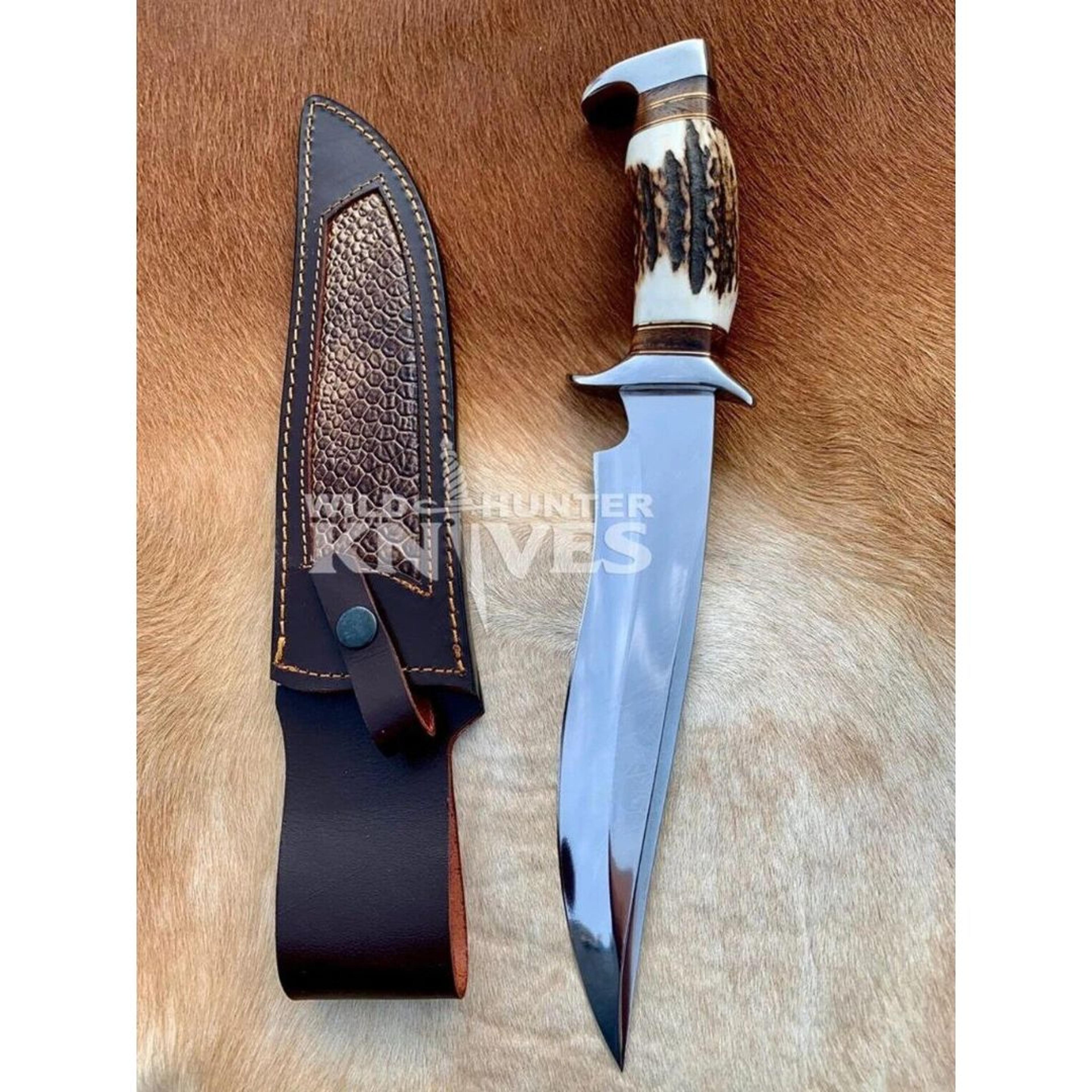 stag antler hunting knife custom handmade d2 tool steel survival bowie knife