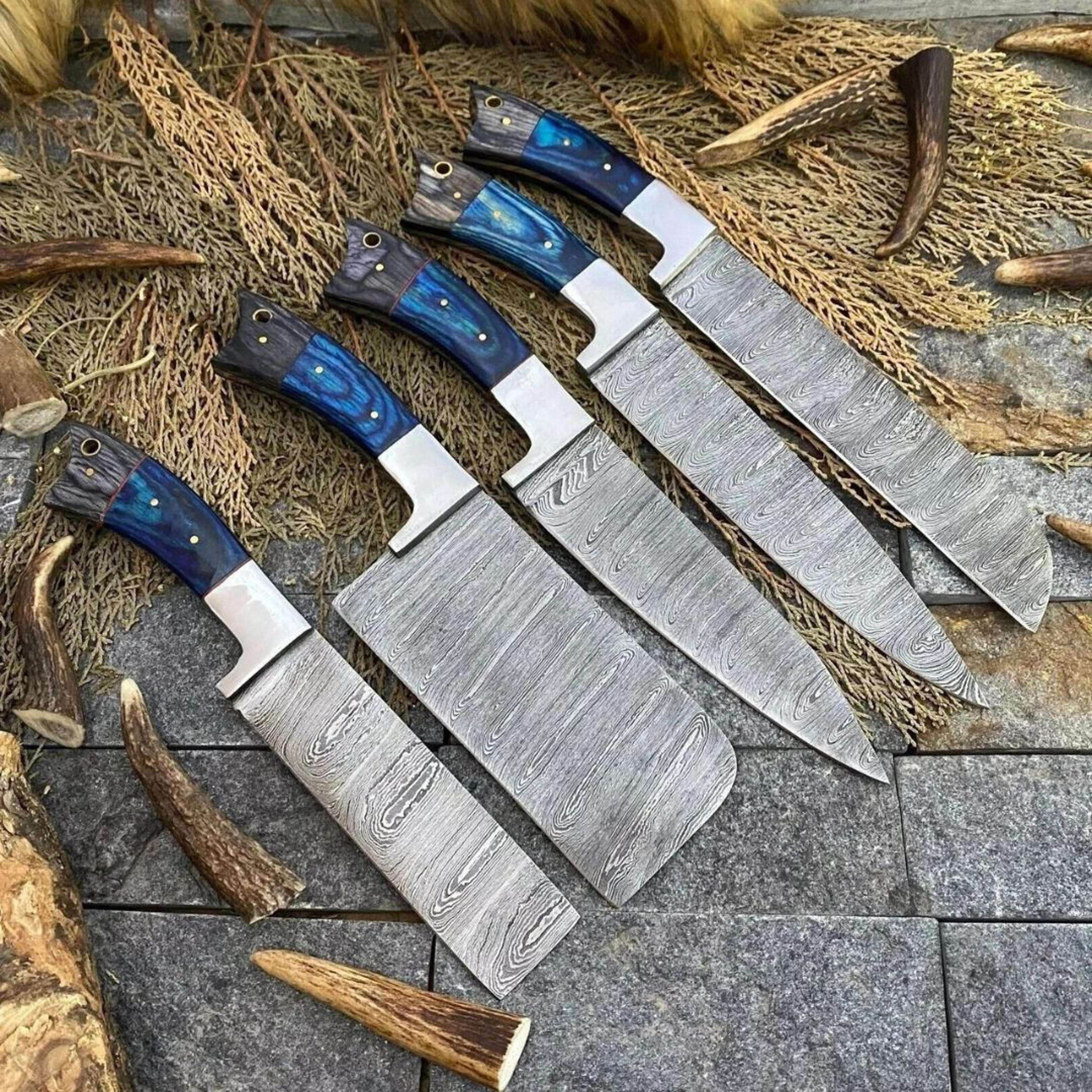 chef knife set custom handmade damascus steel full tang forged steel knife set