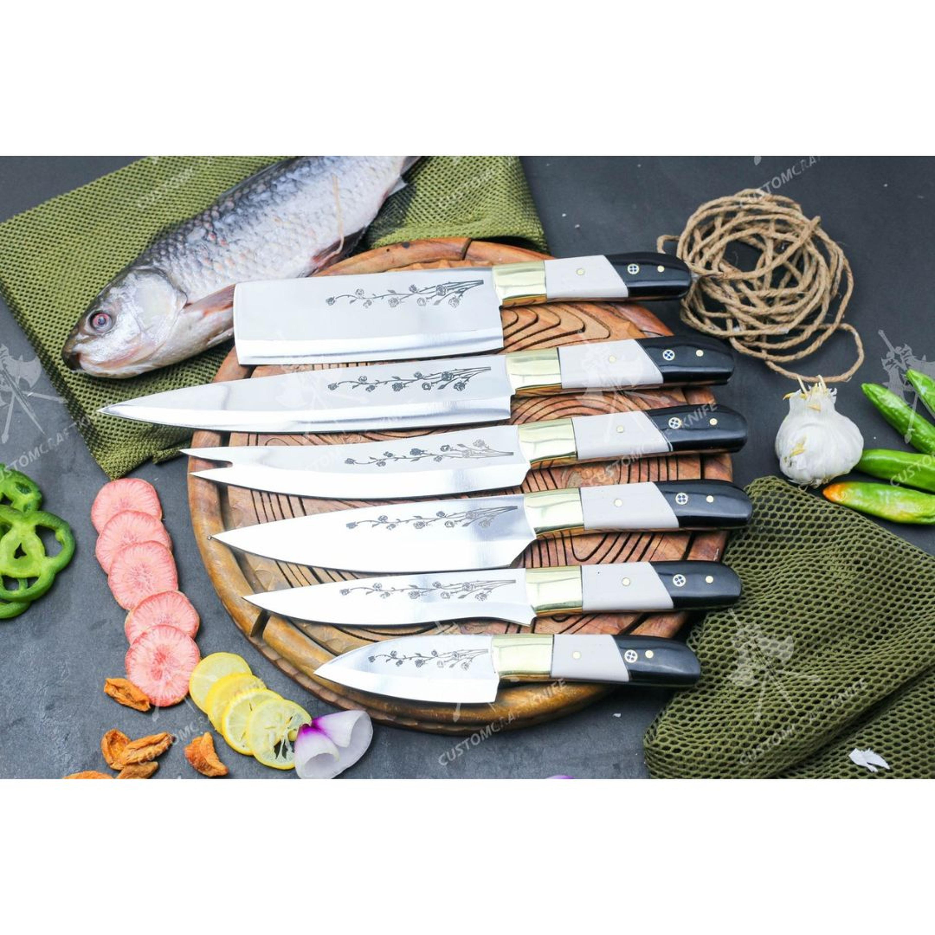 chef knife set handmade d2 steel full tang kitchen knife set camel bone & buffalo horn