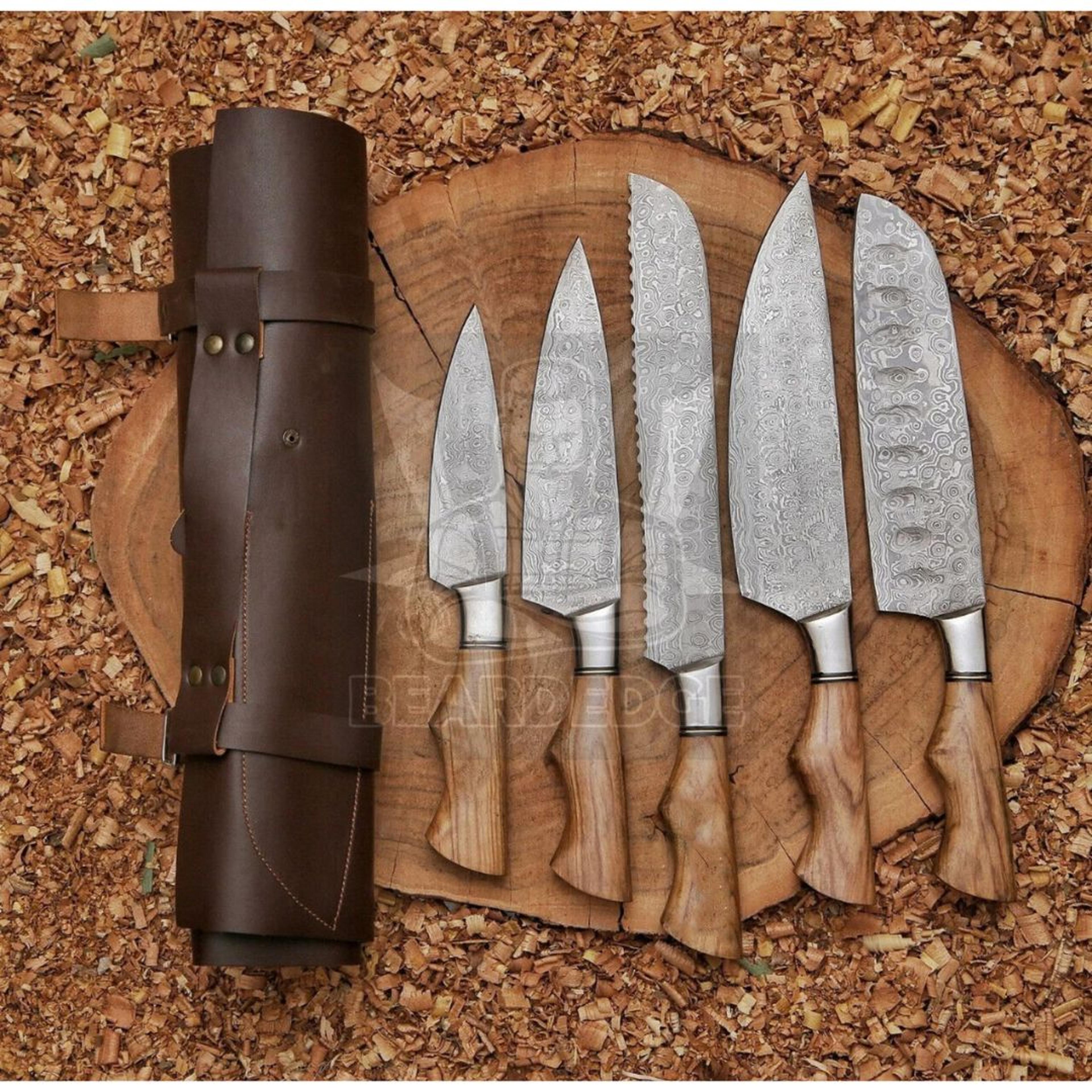 chef knife set custom handmade damascus steel full tang camping hunting set