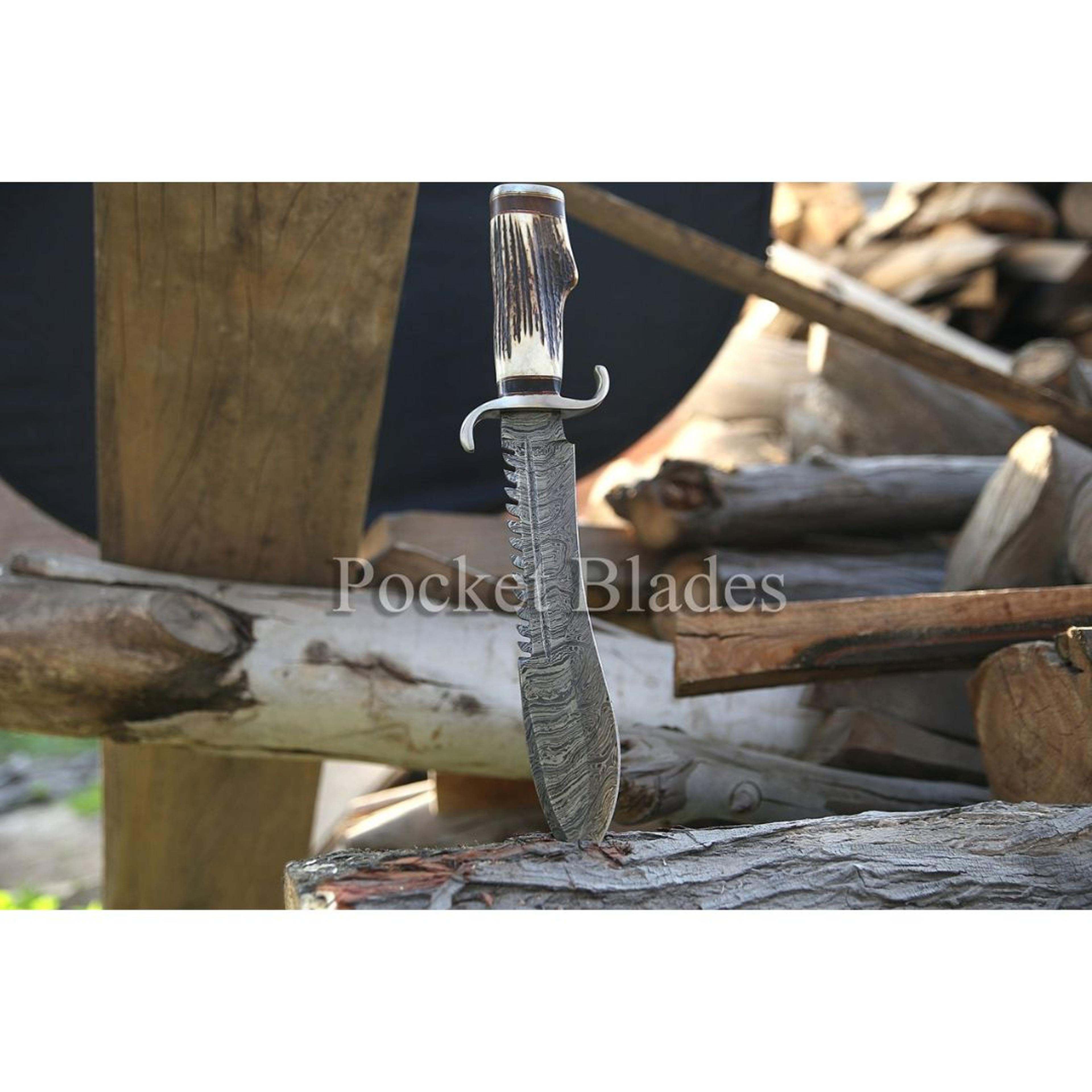stag antler damascus steel custom knife hunting bowie outdoor survival knife
