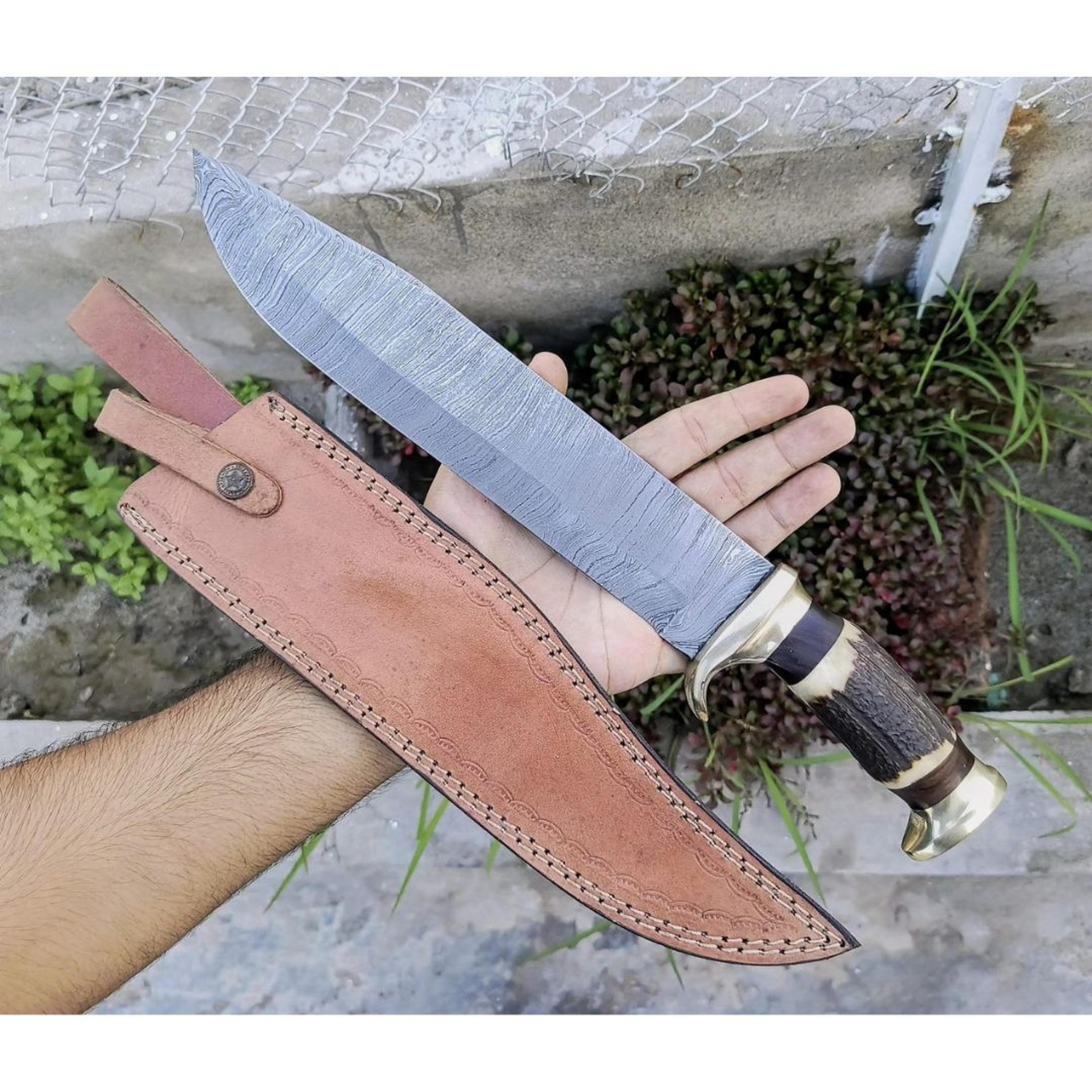 stag antler custom knife damascus steel hunting bowie survival outdoor knife