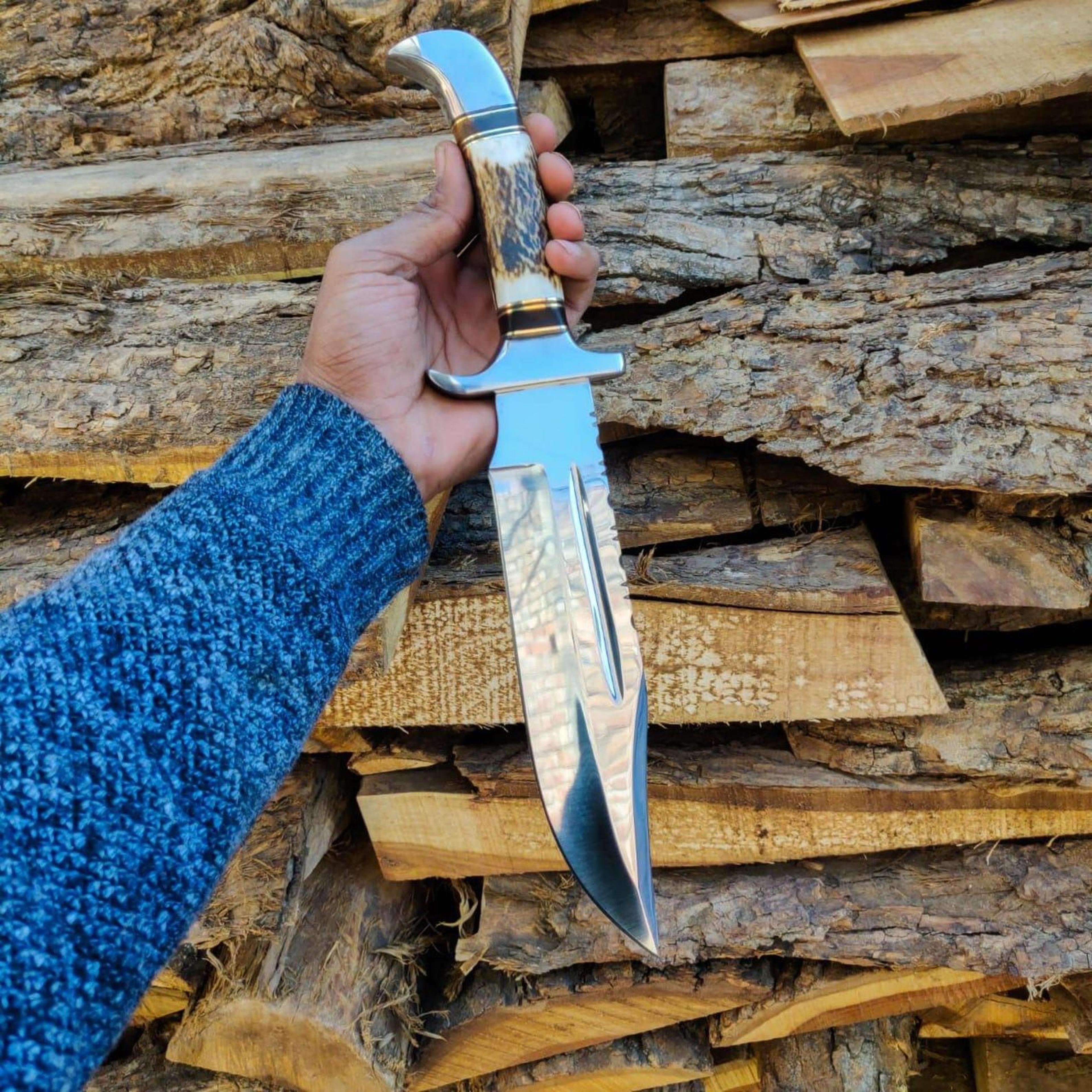 custom handmade bowie knife stag antler hunting knife d2 steel mirror polished