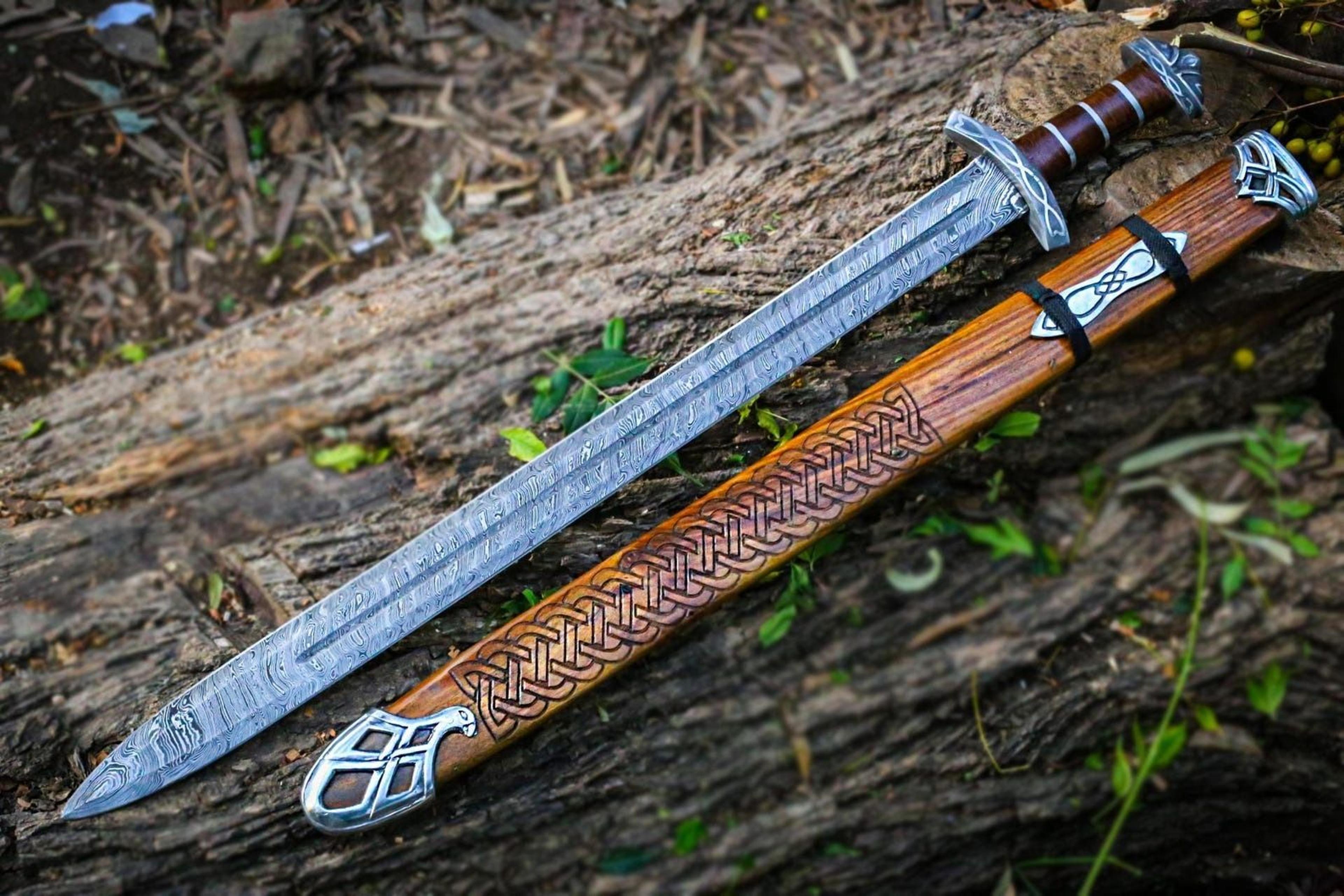 custom handmade real damascus steel sword with engraved scabbard double edged