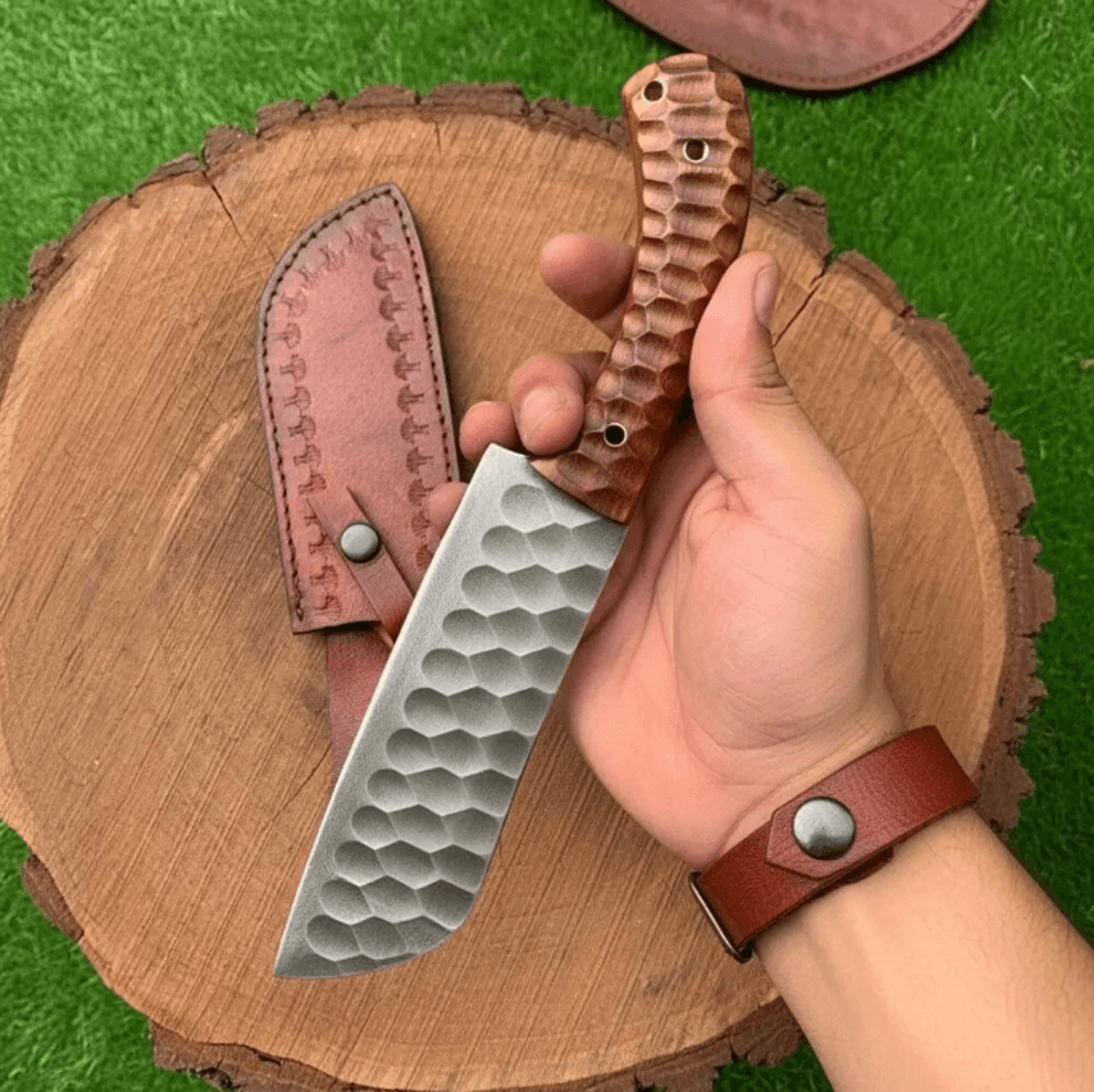 handmade carbon steel chef knife 12 full tang hammered finish with sculpted wooden handle & leather sheath