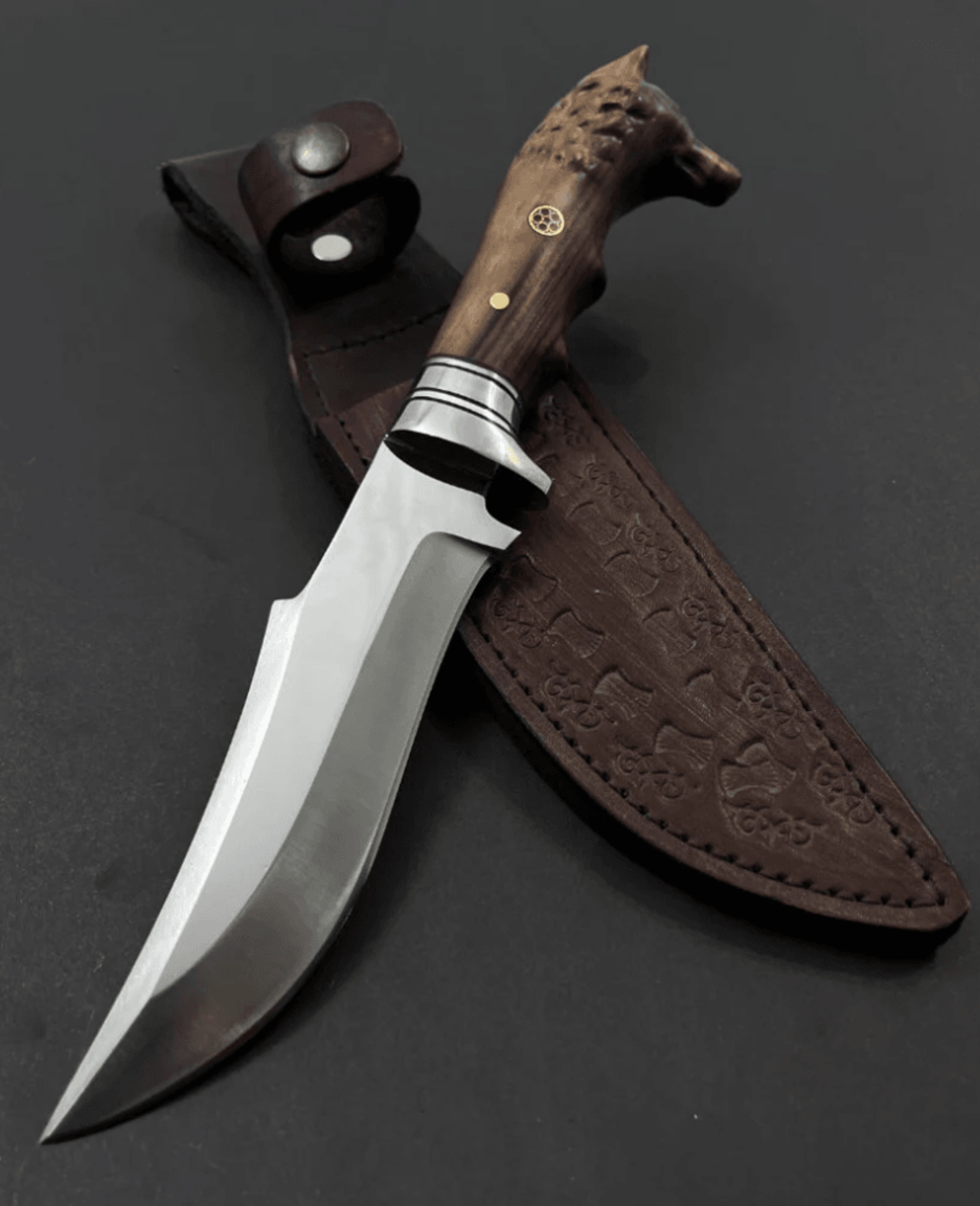 personalized 10 inch wolf head hunting knife with 4116 stainless steel blade walnut and aluminum grip