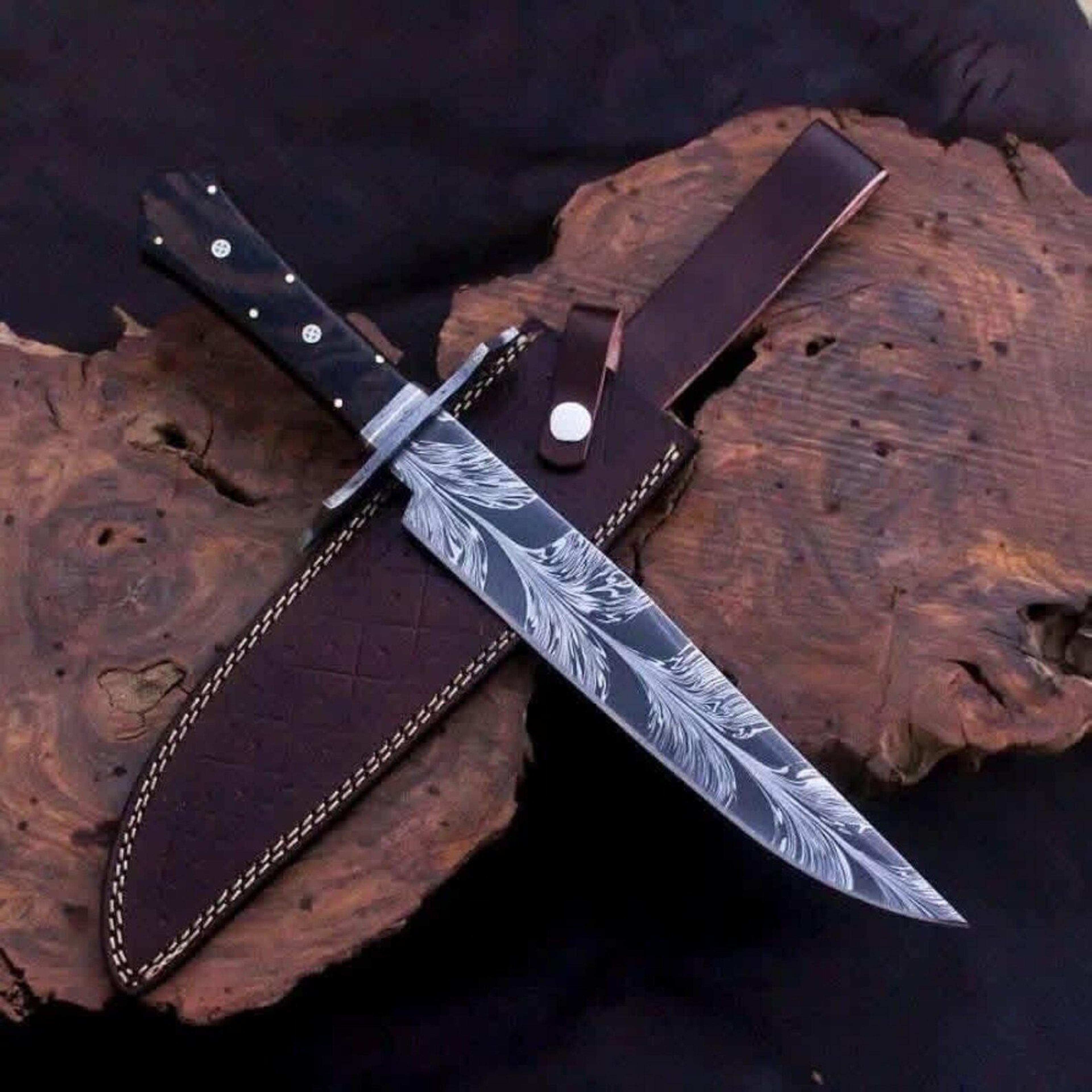 handcrafted feather pattern damascus steel bowie knife | custom camping and hunting knife