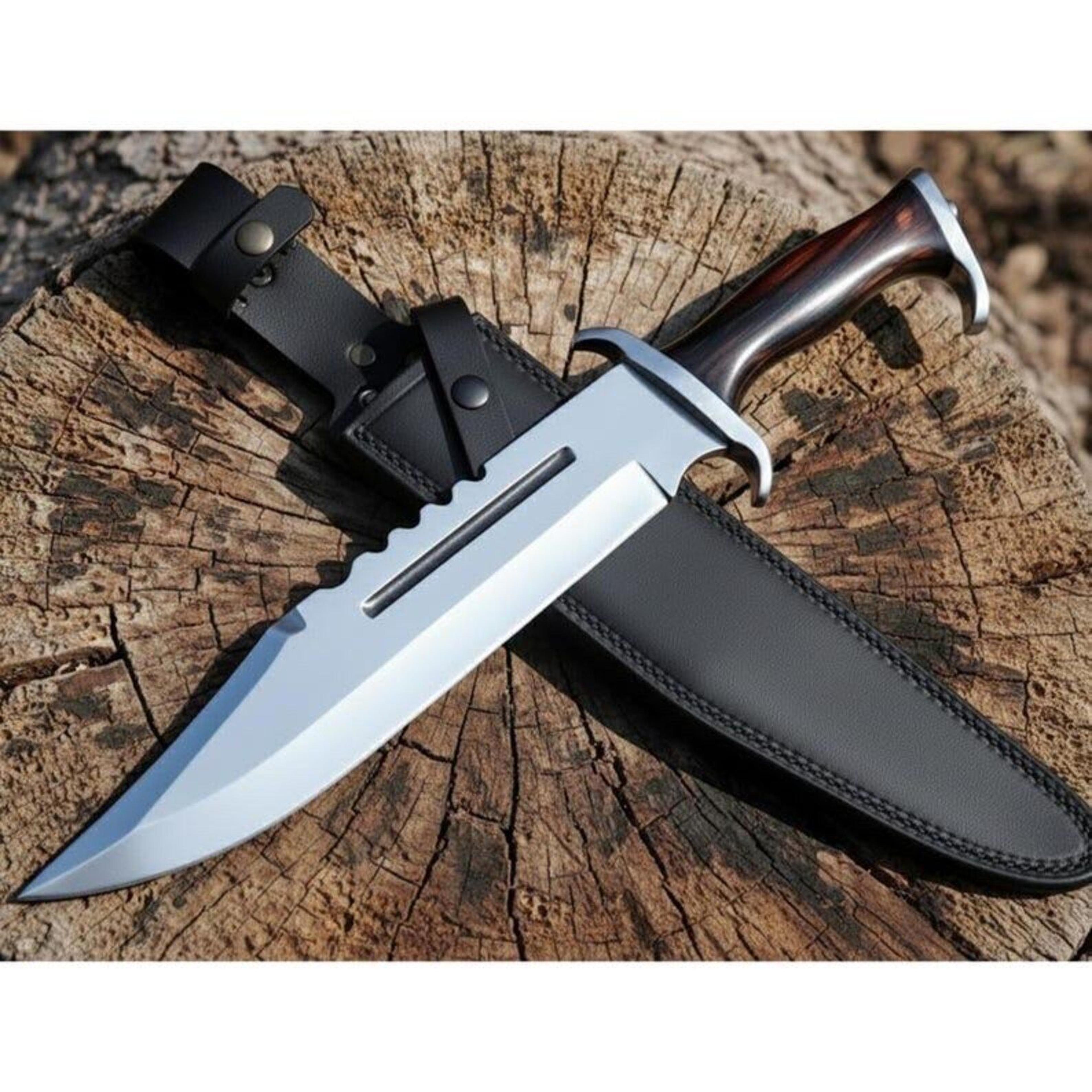 handcrafted high carbon steel bowie knife with hardwood handle & leather sheath – frontier hunting and collector display