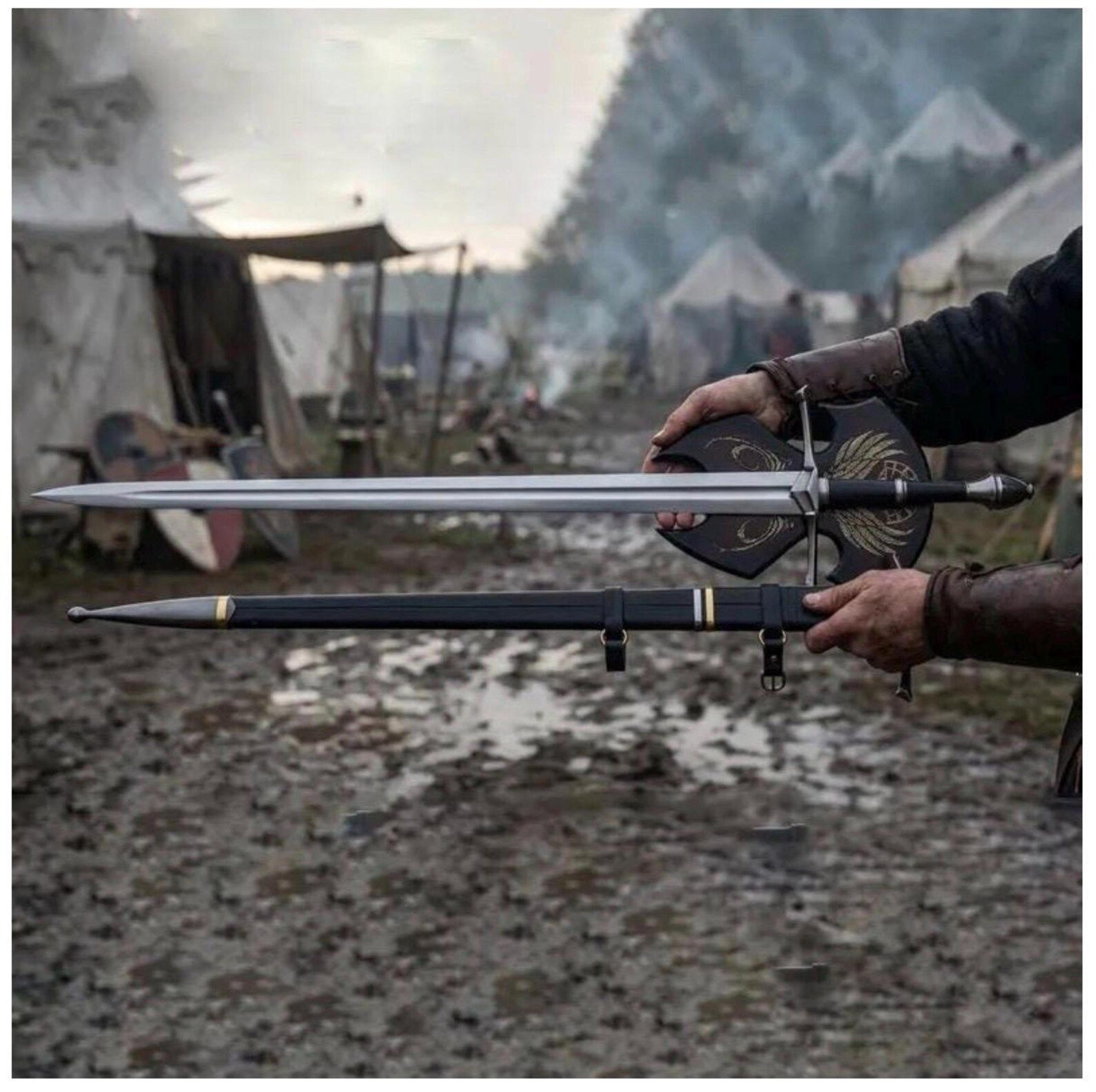 handcrafted medieval knight sword with high carbon steel blade, leather grip & scabbard – european collector longsword