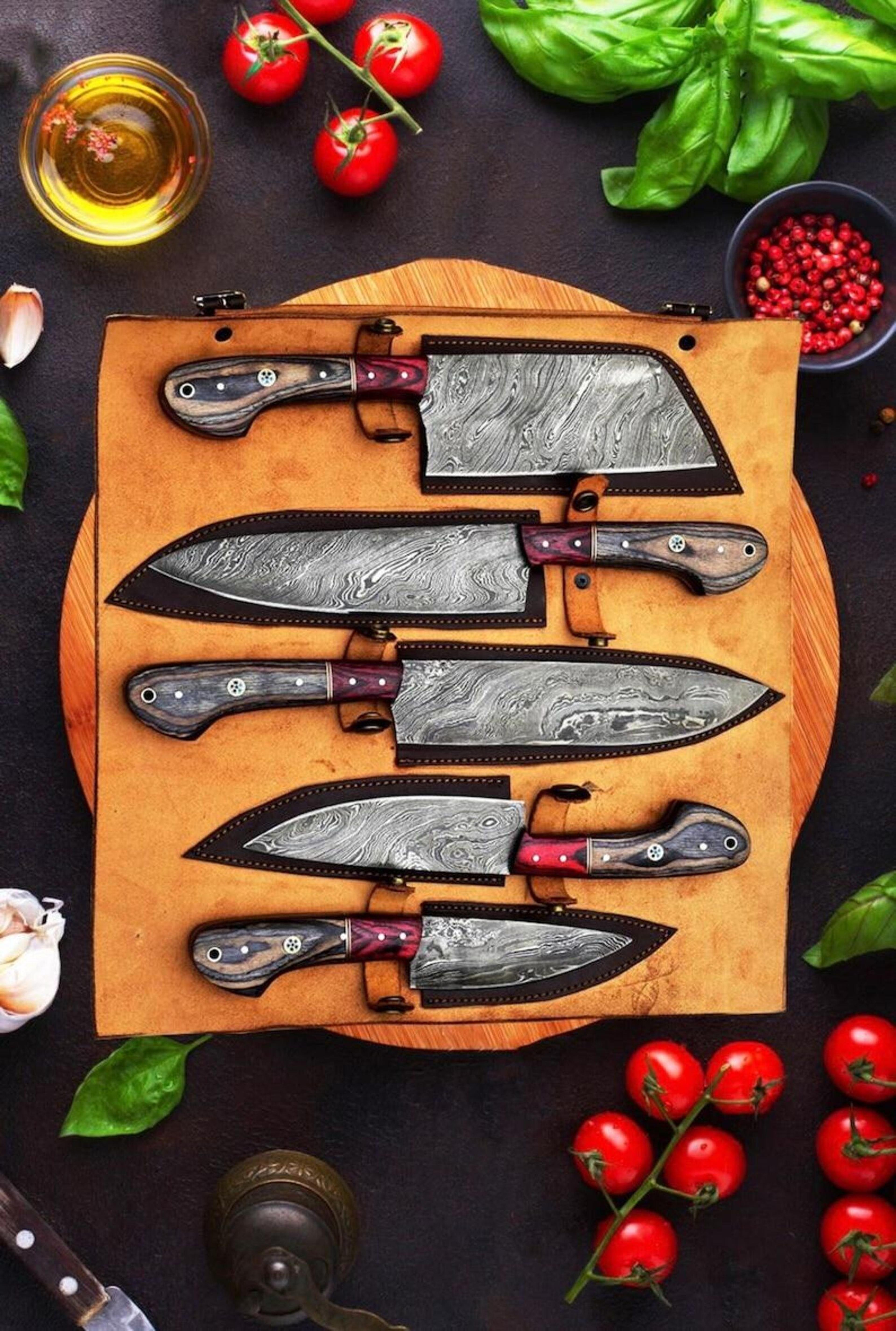 handcrafted damascus steel kitchen knife set with exotic wood handles & leather sheaths – chef collection gift set