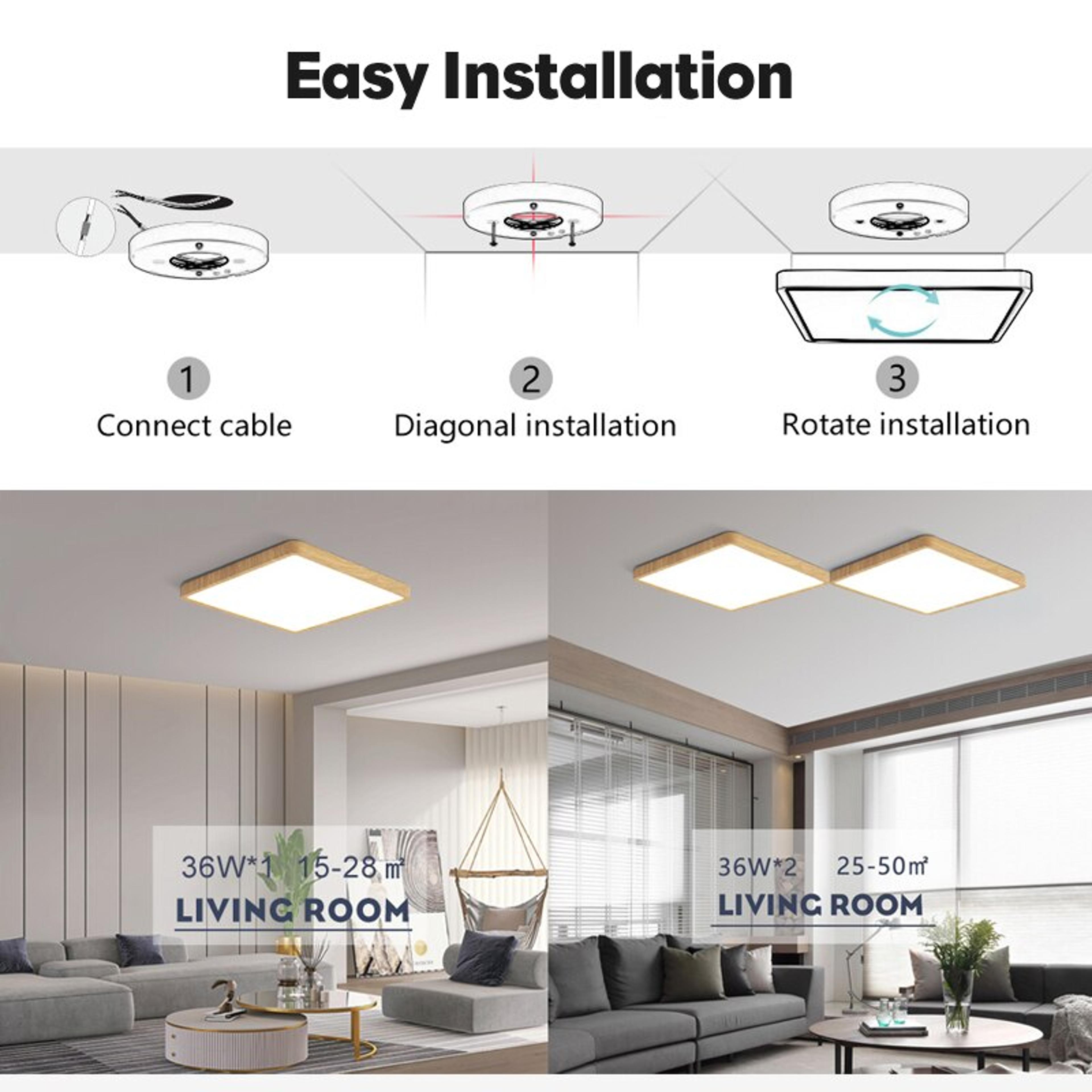 smart ceiling lamp, wood grain square design, alexa and google home voice control, modern led ceiling light