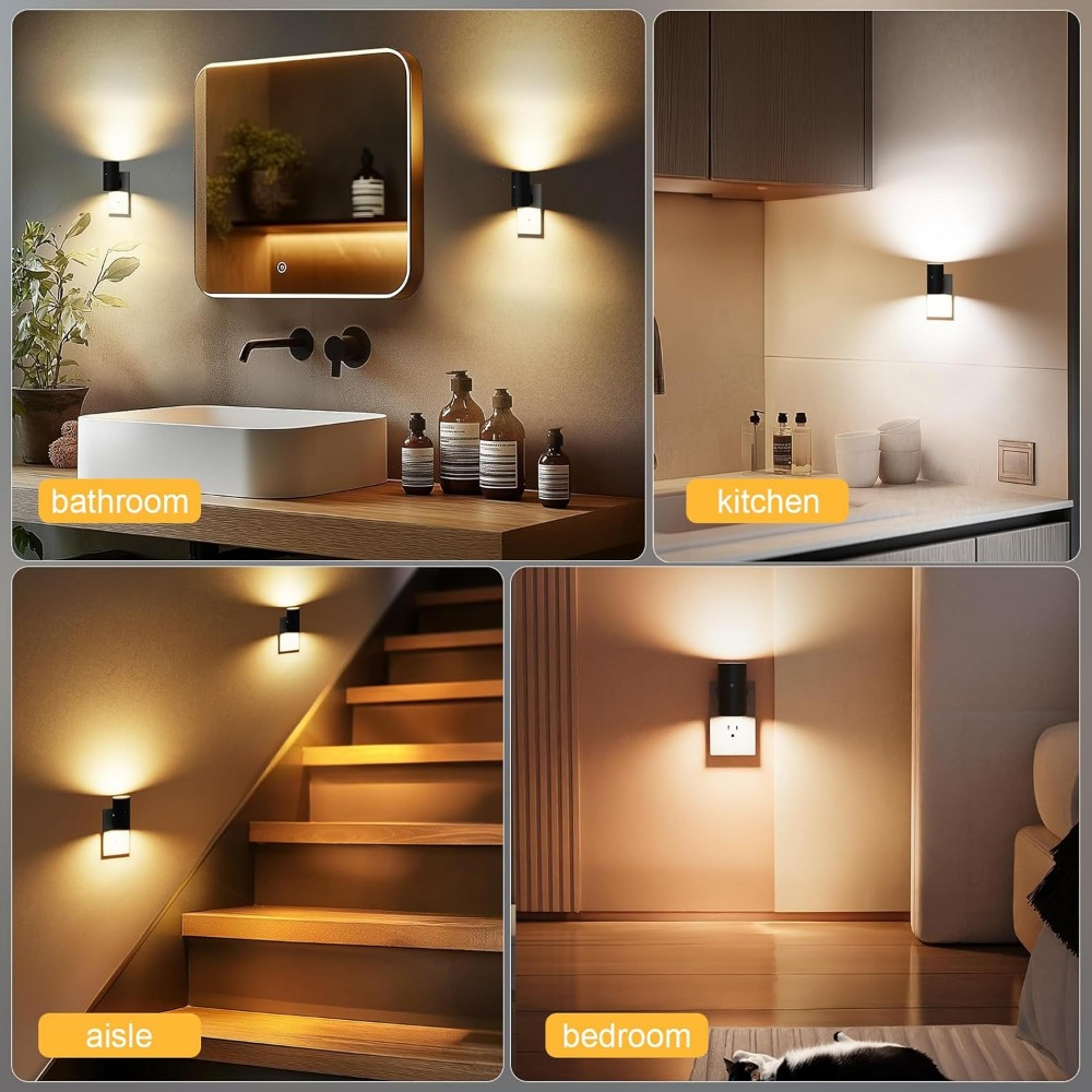 dimmable led night light, plug into wall with adjustable brightness and light sensor, for bedroom, and hallway