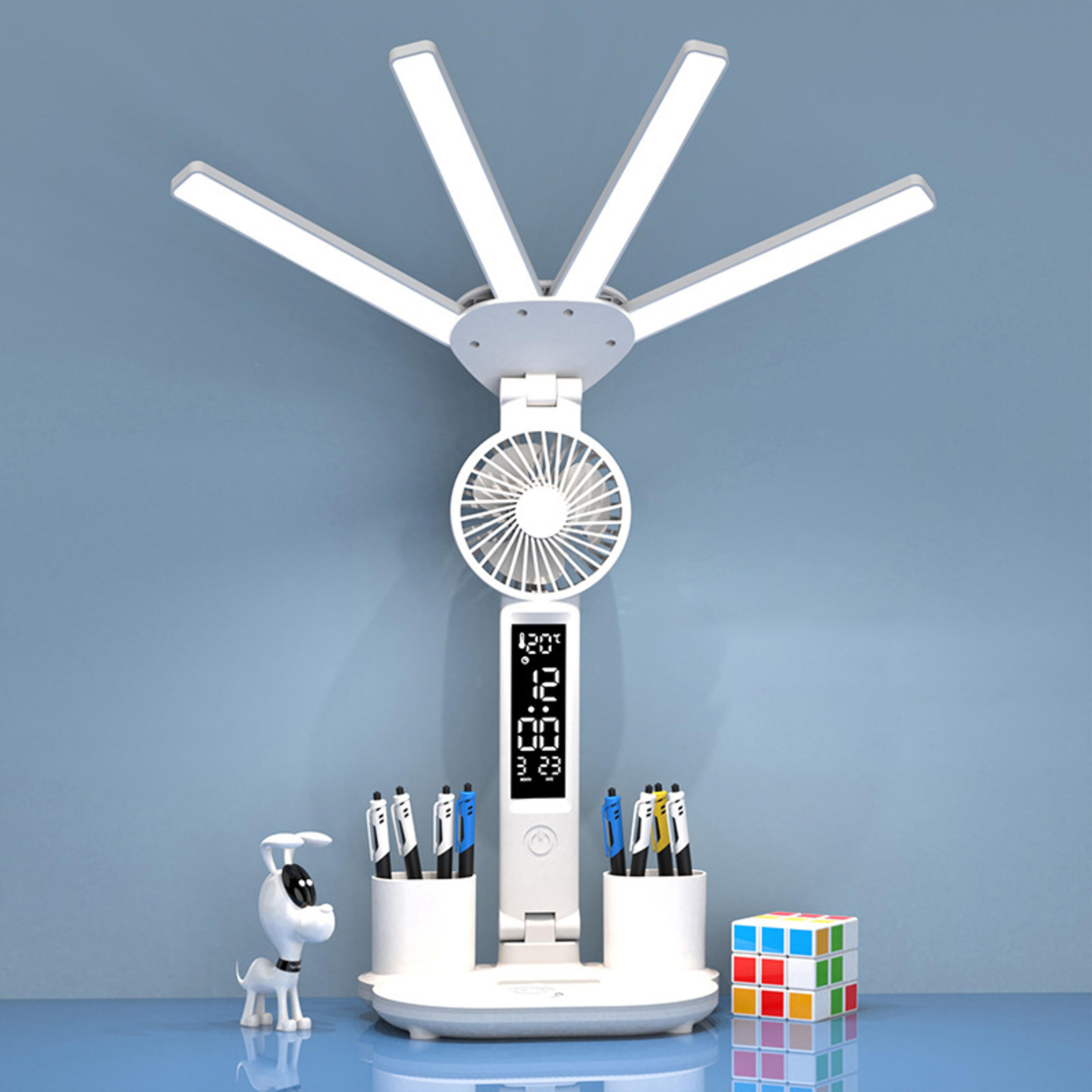 rechargeable table lamp for study, desk lamp with fan and led clock, reading light
