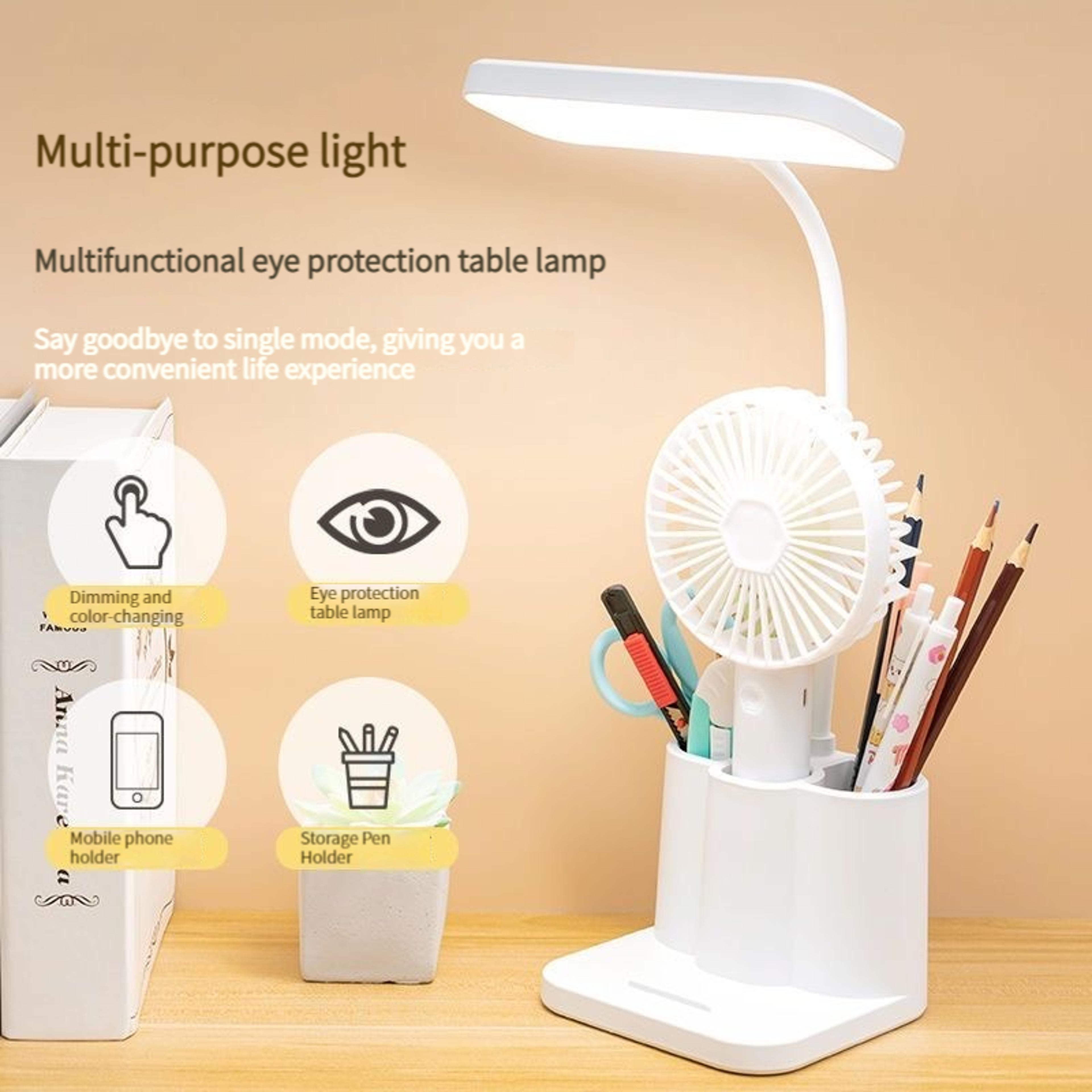 led multi function pen holder desk lamp, with usb connection for phone charging, adjustable brightness