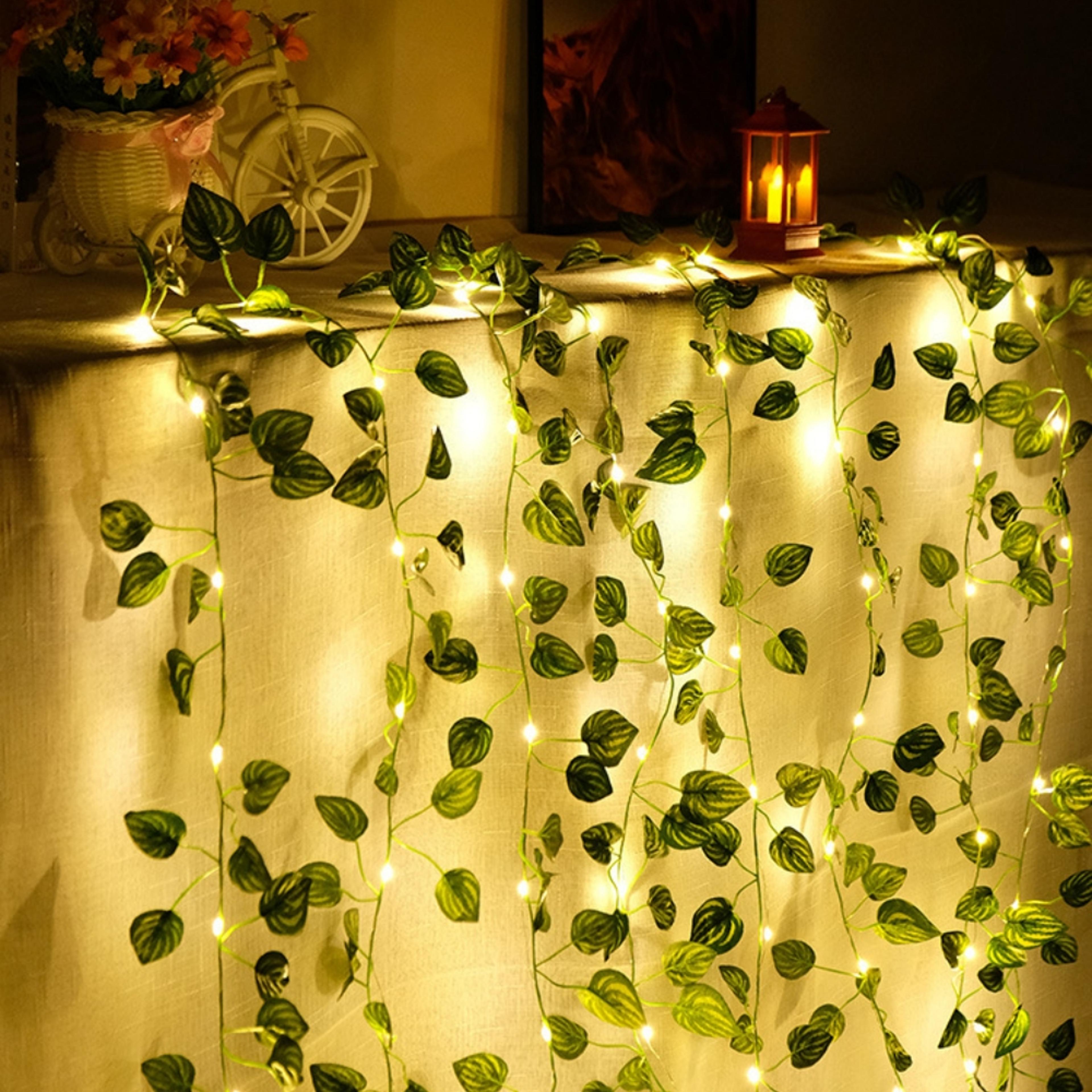 green leaf fake plants string light, battery powered, waterproof decor for wall, room, office, and birthday
