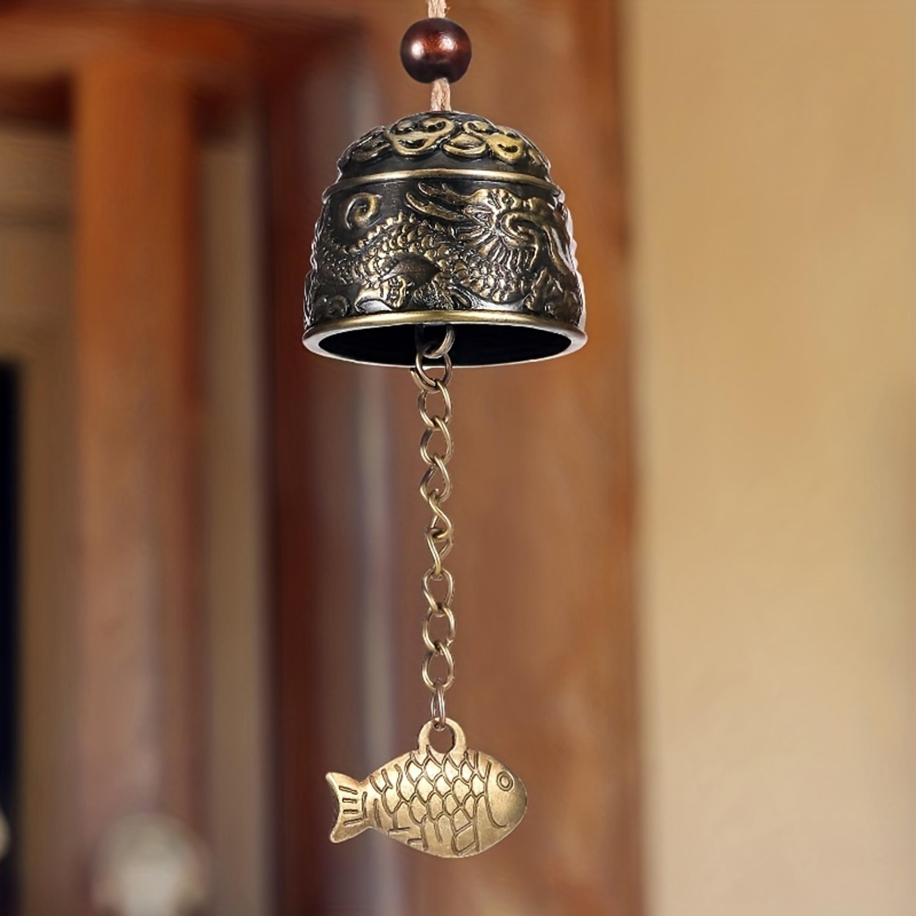 vintage dragon wind chime, metal hanging bell, good luck charm for garden, patio, and front door decor