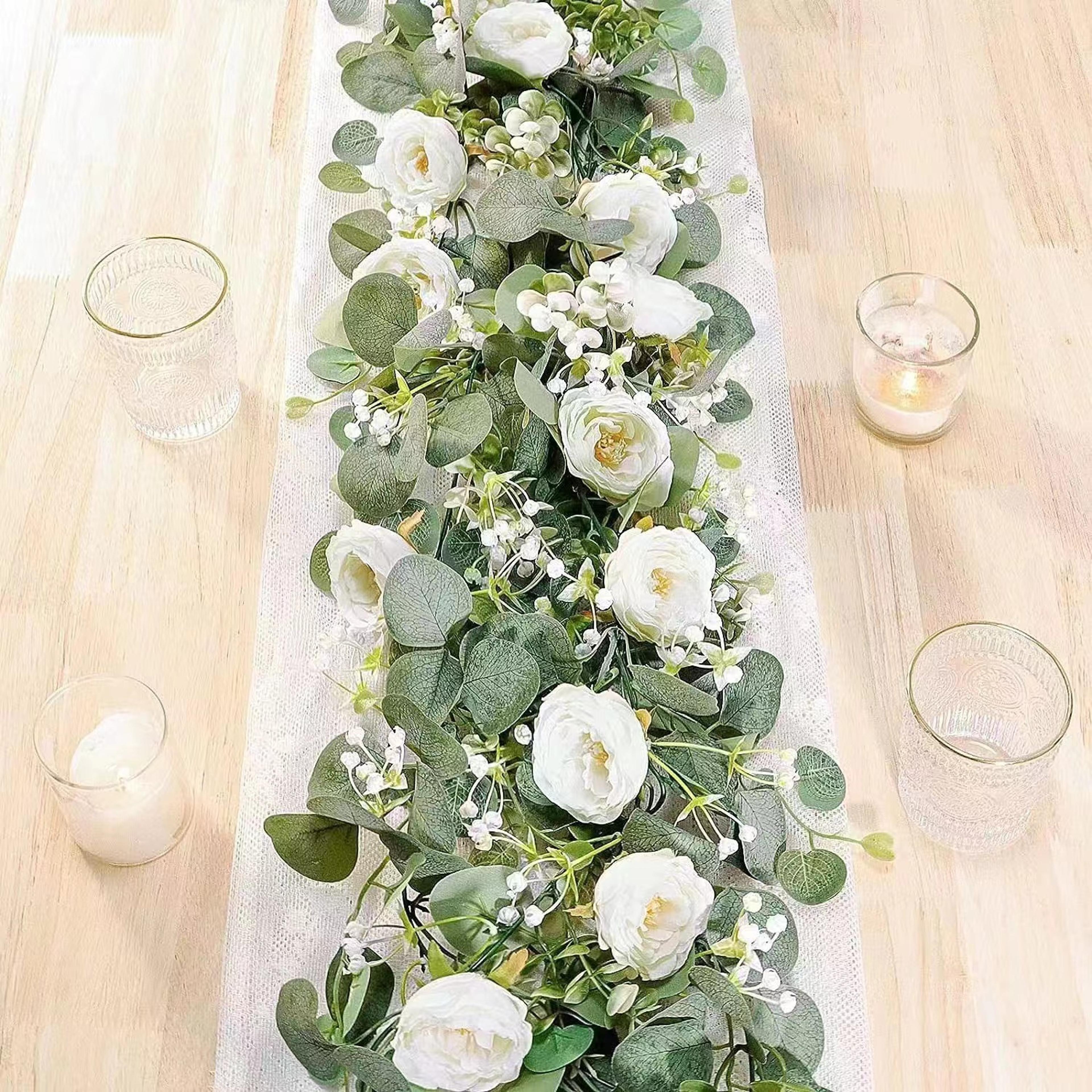 lifelike artificial eucalyptus vine garland, with fake rose flowers, gypsophila, for wedding, party, home table runner