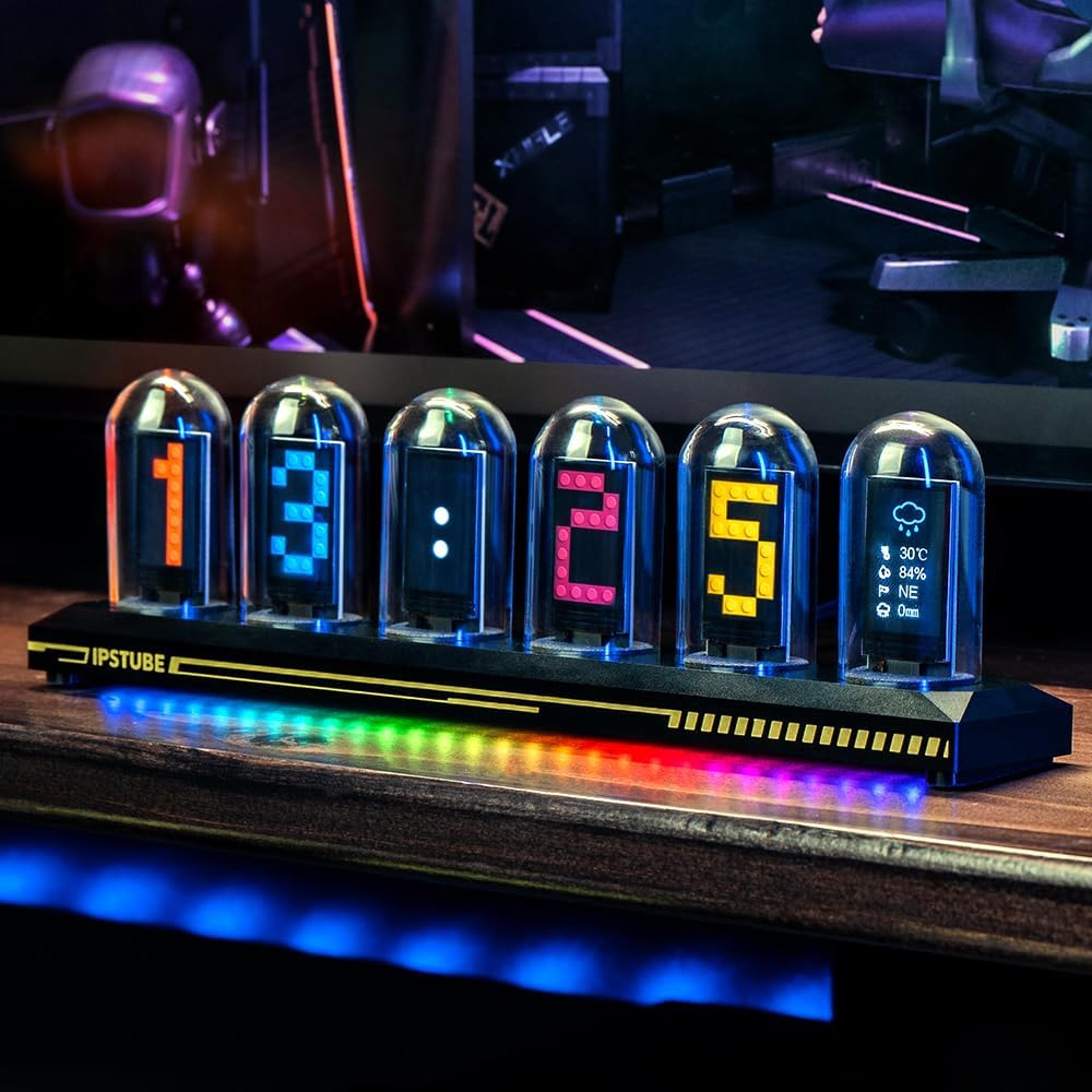 diy tube clock kit, app time calibration, 3 light modes, ips display
