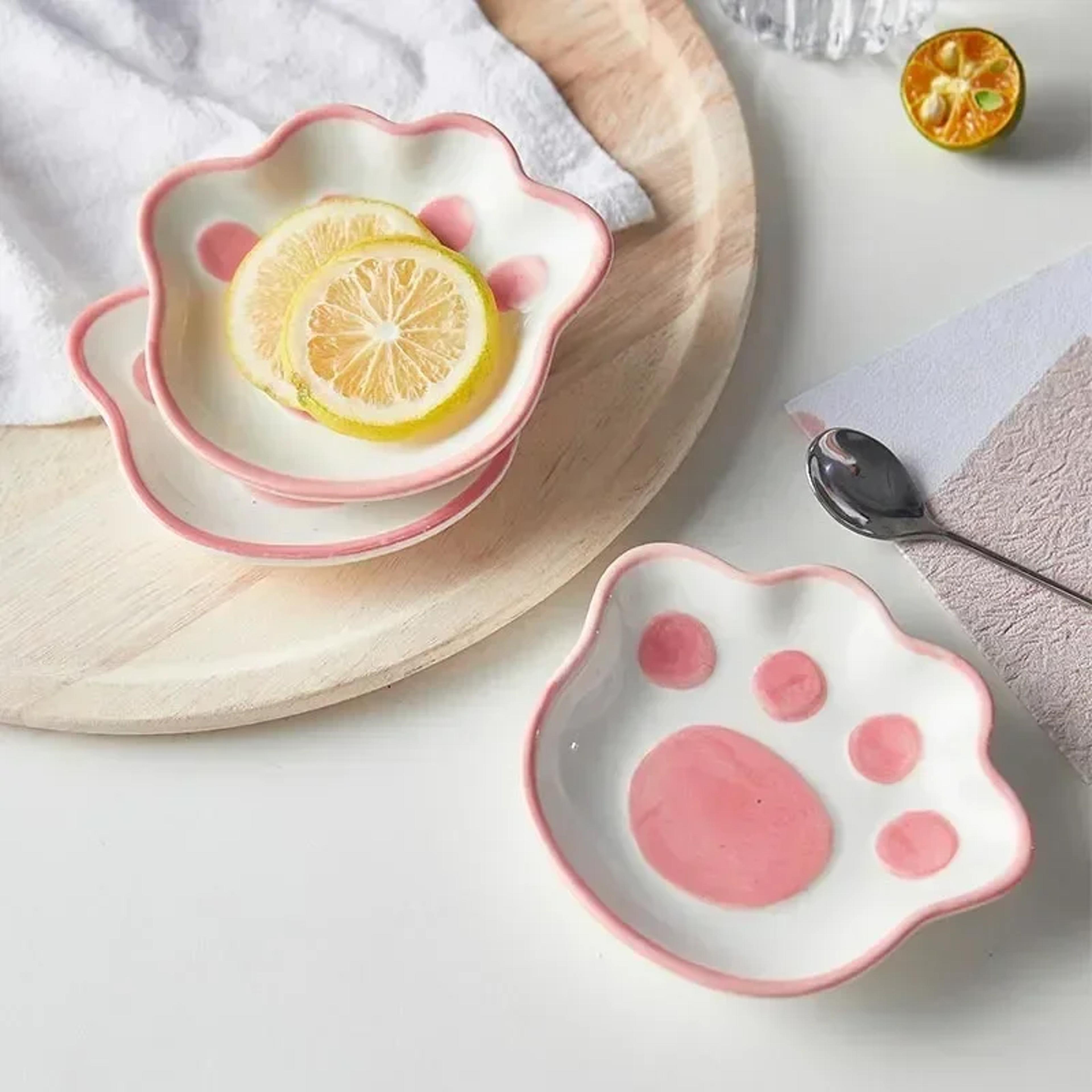 ceramic cat paw dish set, cute cartoon dessert plates, soy sauce and dip bowls for household kitchen