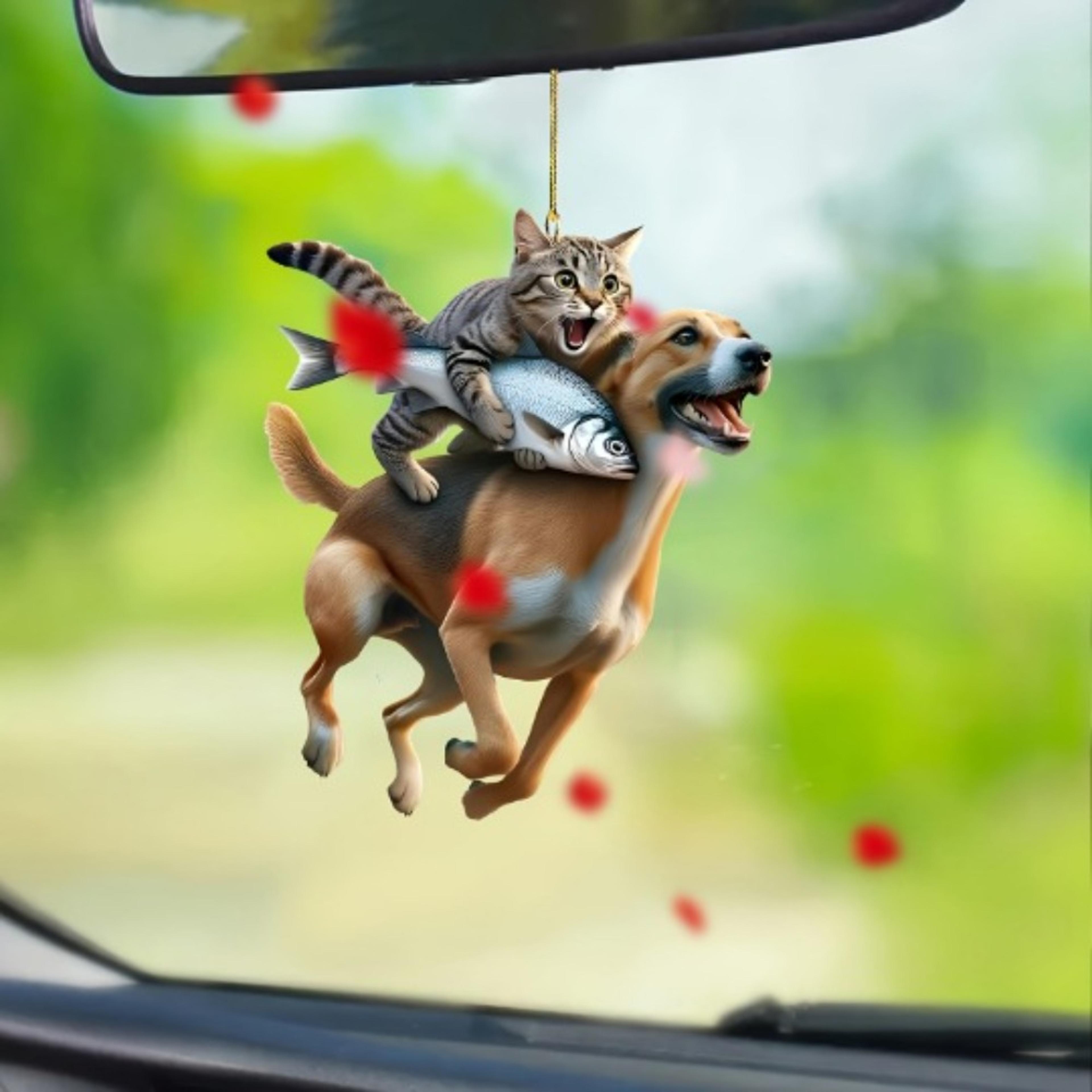car interior accessory, fun animal cat pendant with chain, realistic rearview mirror hanging ornament