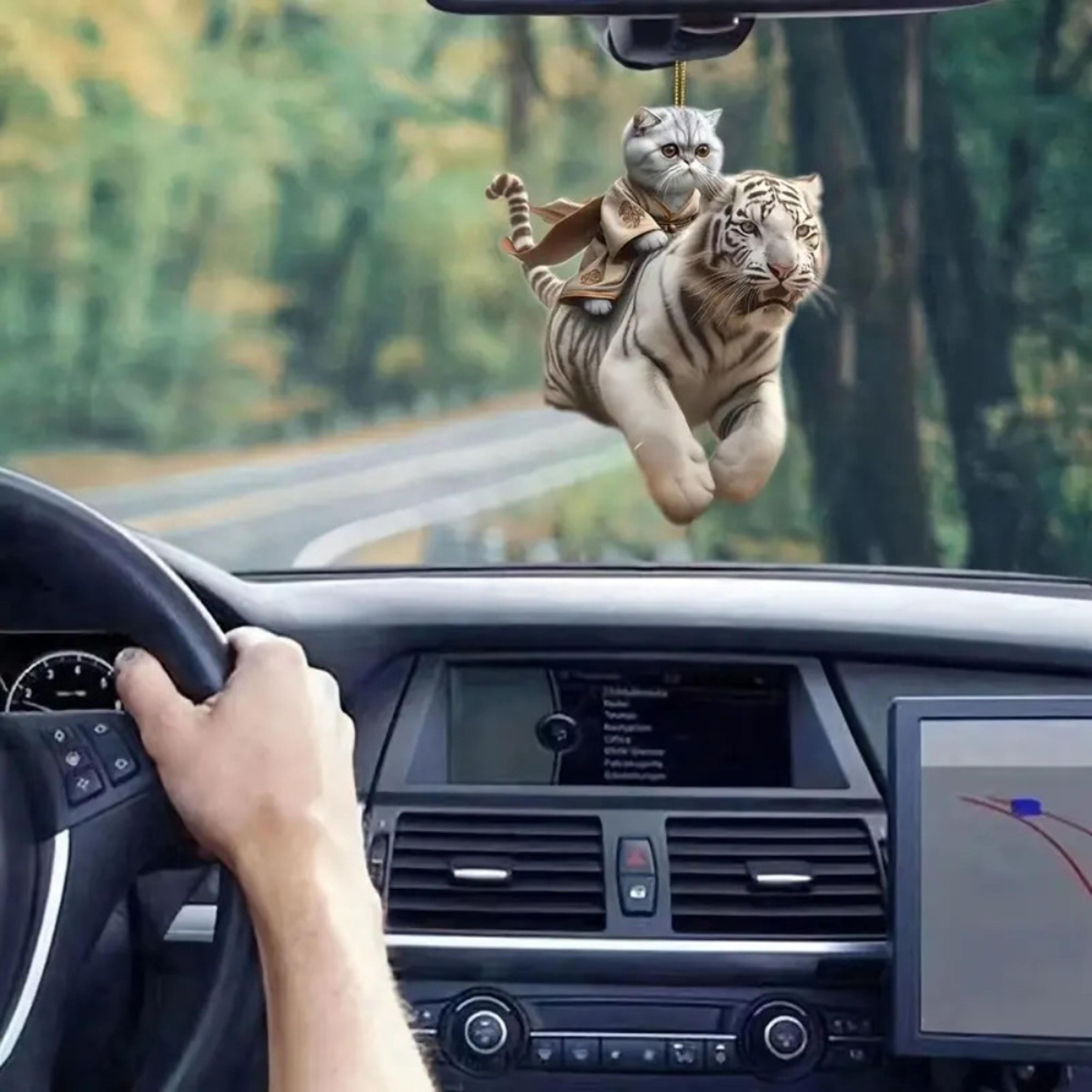 realistic cat-shaped car pendant, fun hanging ornament, interior mirror decoration with chain